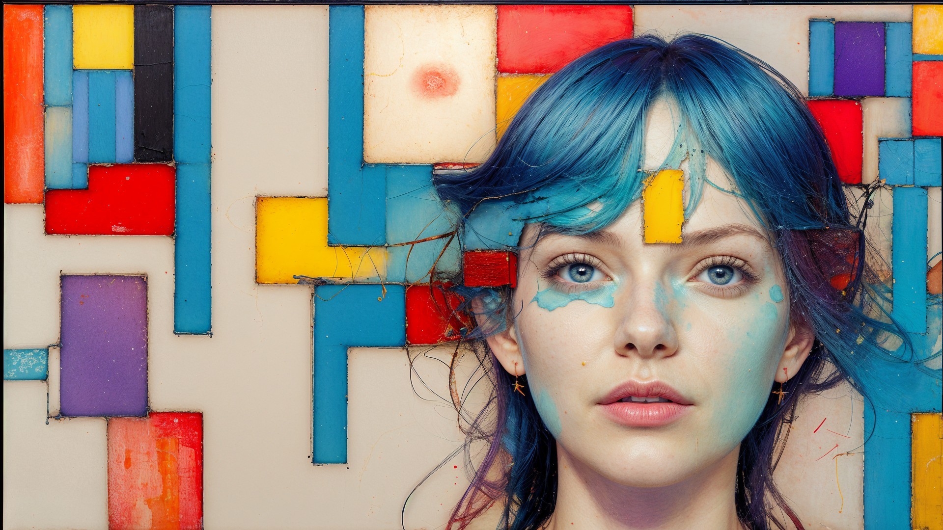 Close-up Portrait of Woman with Blue Hair and Face Paint
