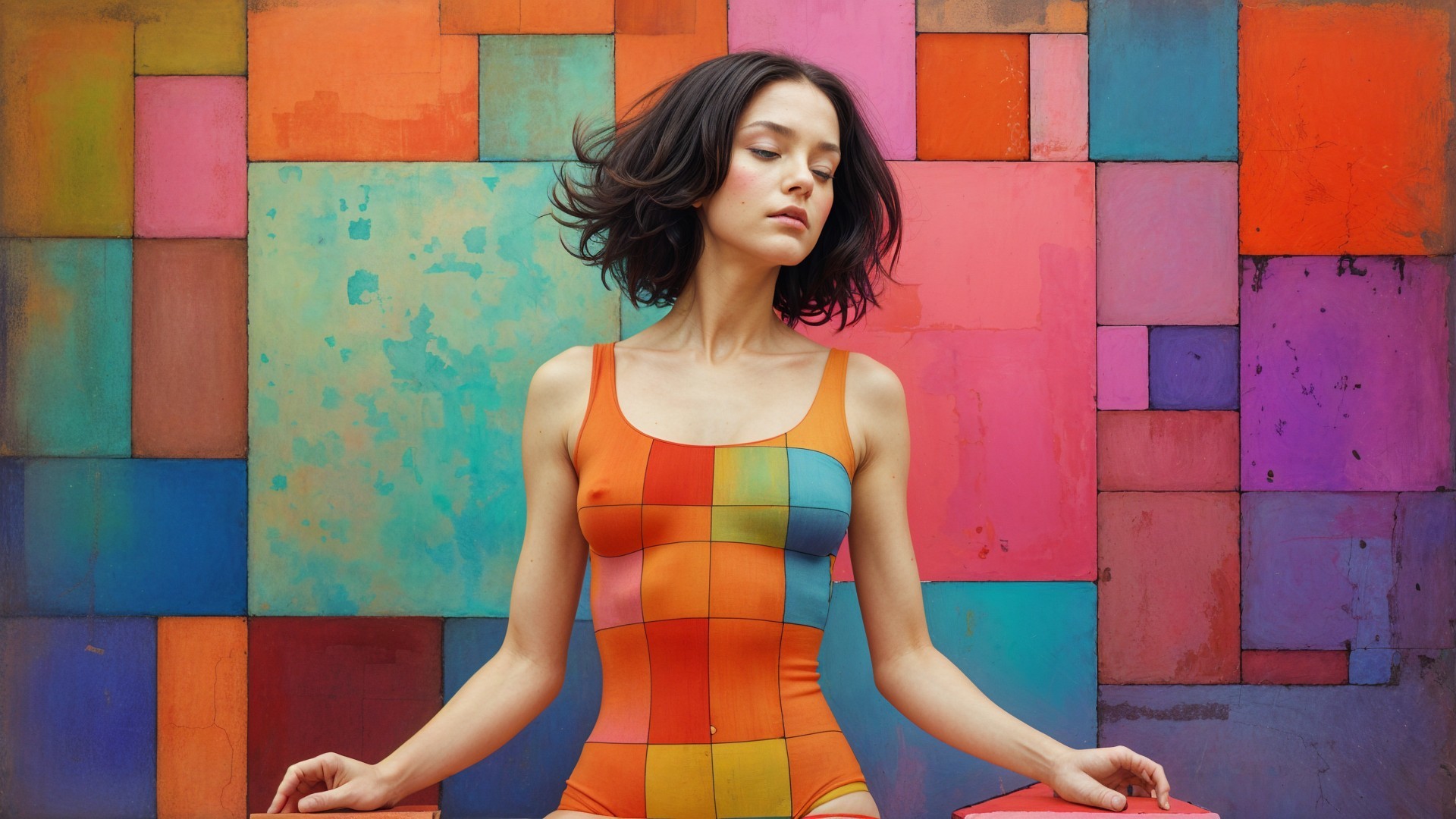 Young woman in multicolored swimsuit against abstract background