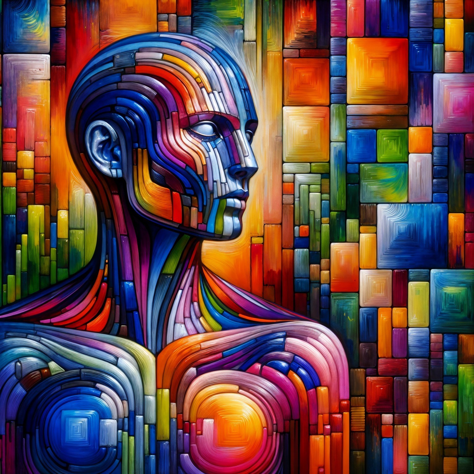 Stylized humanoid figure with vibrant colors and patterns