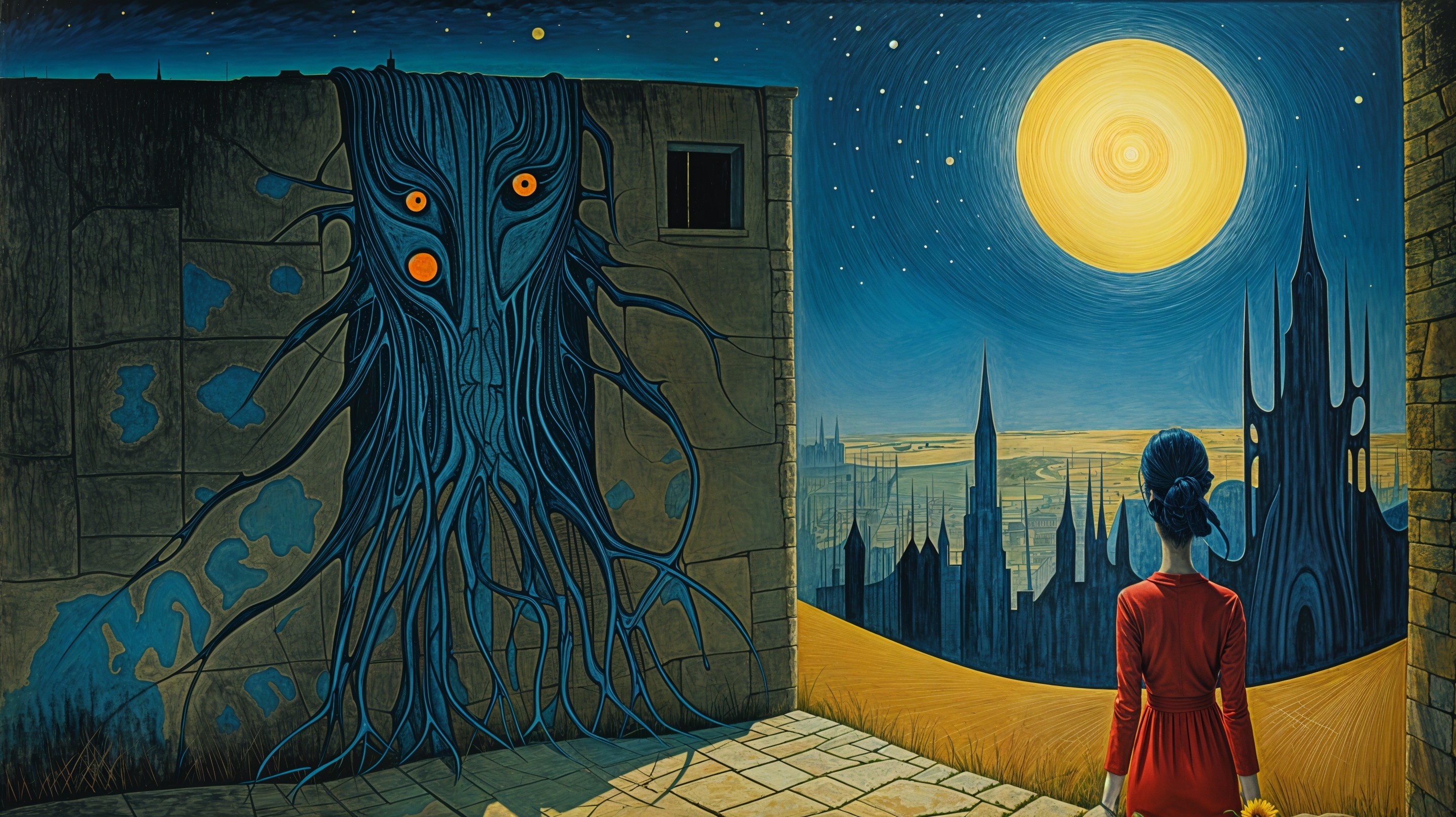 Surreal Nighttime Landscape with Dreamlike Cityscape