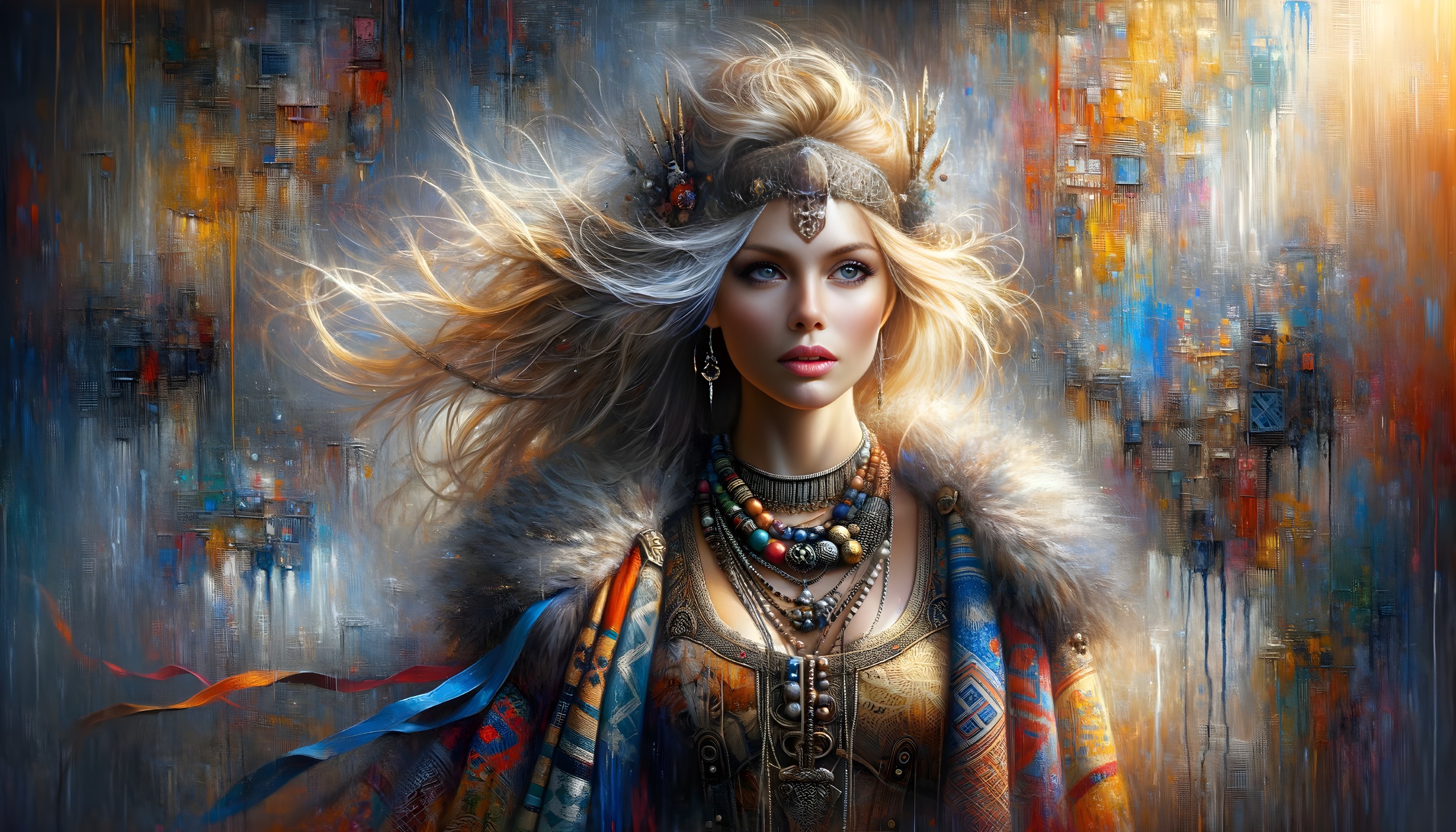 Regal figure in vibrant outfit with ornate details