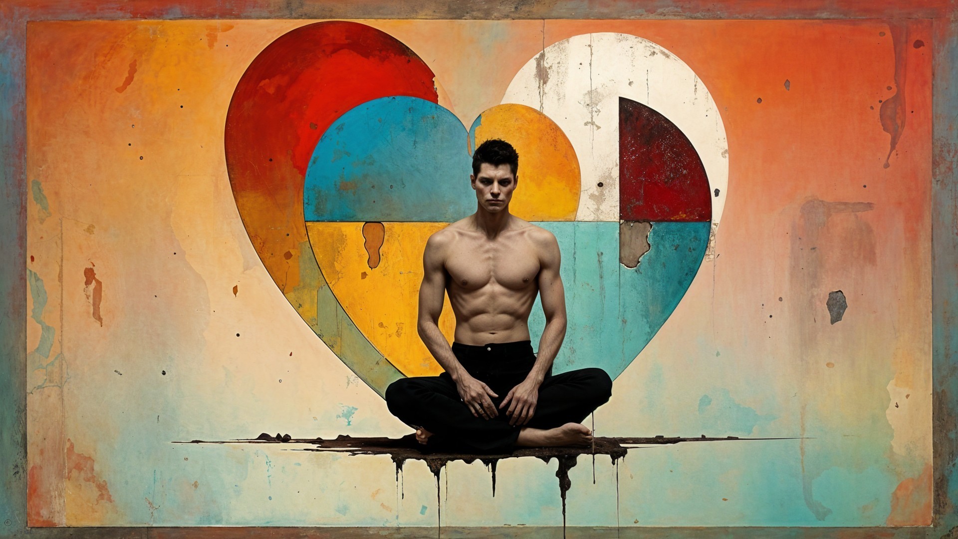 Shirtless Man Against Vibrant Abstract Heart Backdrop