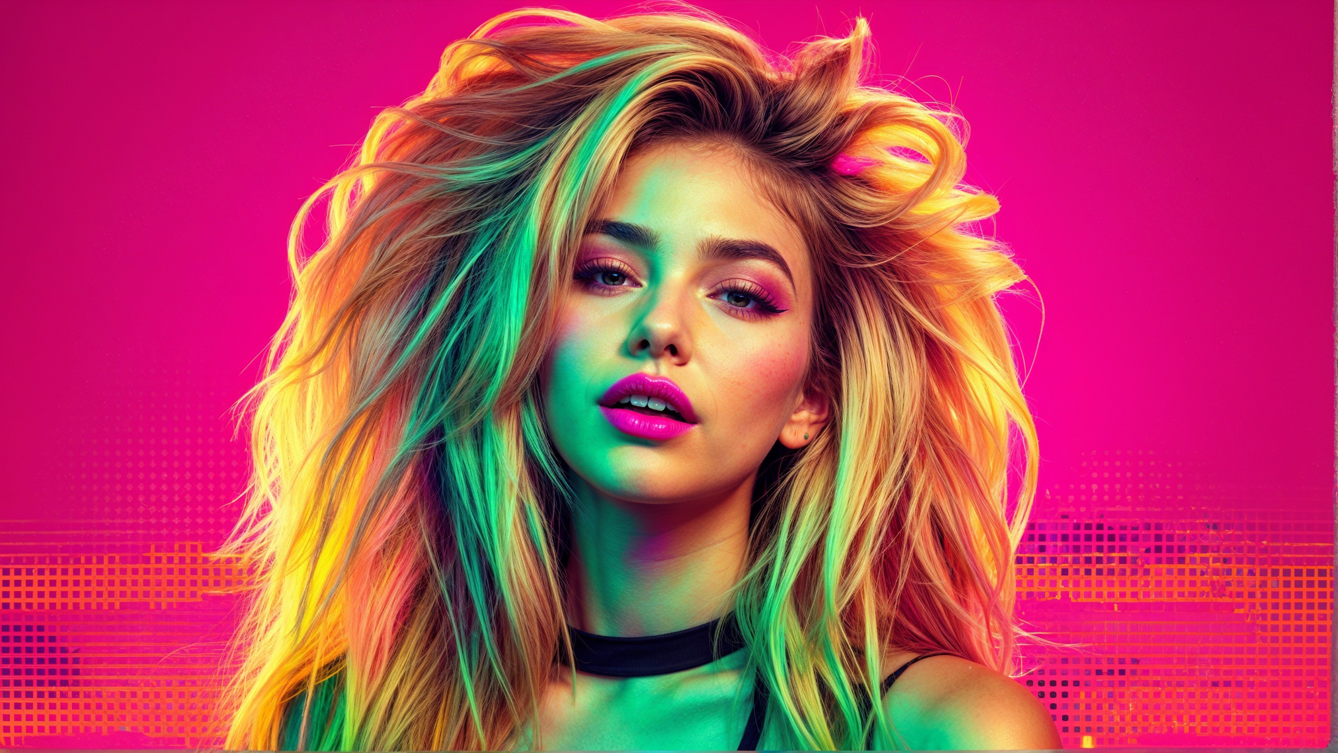 Vibrant Model with Bold Makeup and Neon Background