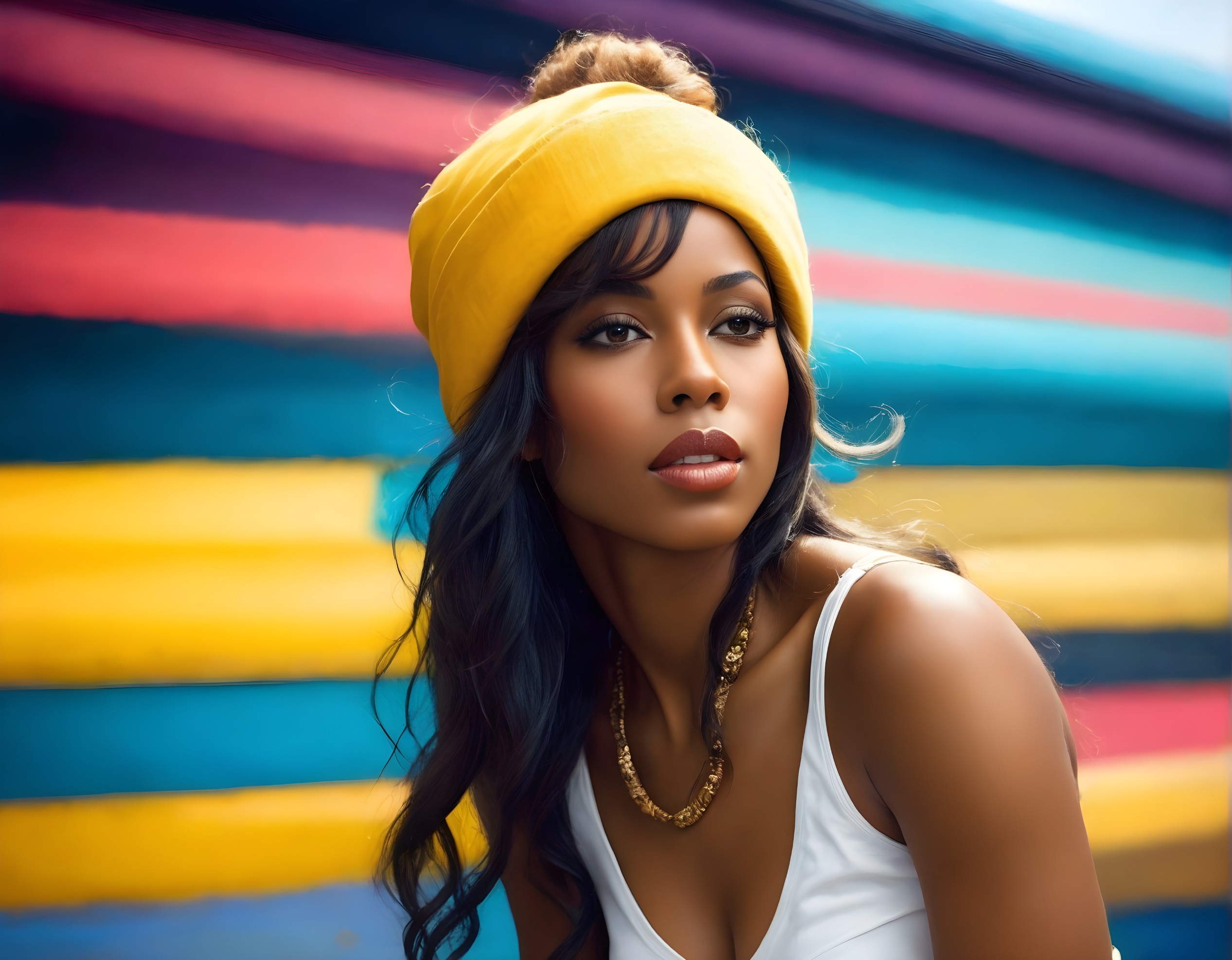 Young Woman in Yellow Beanie with Striped Background