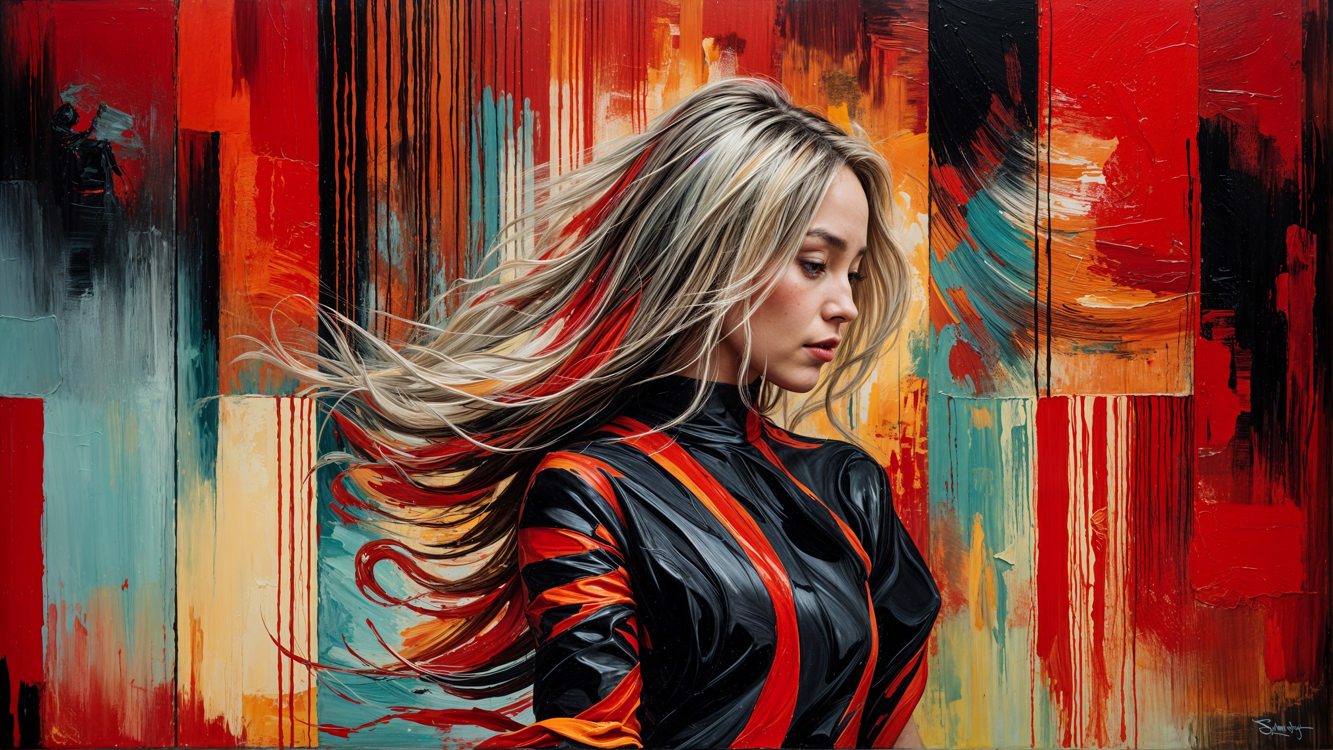 Portrait of a woman with vibrant hair and abstract background