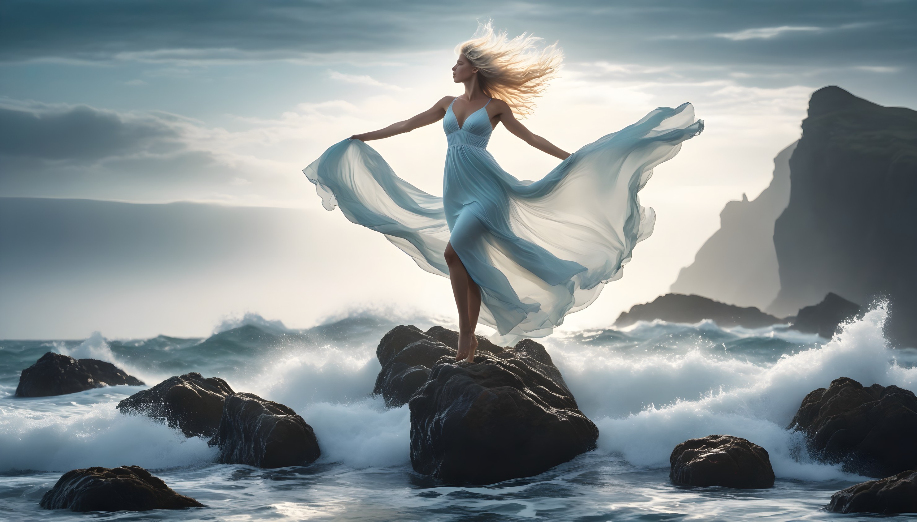 Woman in flowing blue dress on rocky ocean outcrop