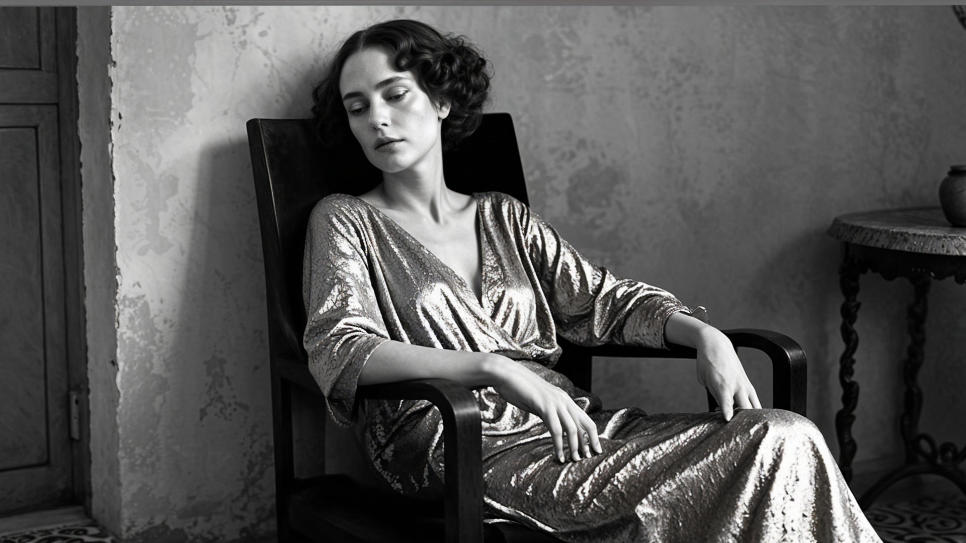 Elegant Woman in Silver Gown in Vintage Setting