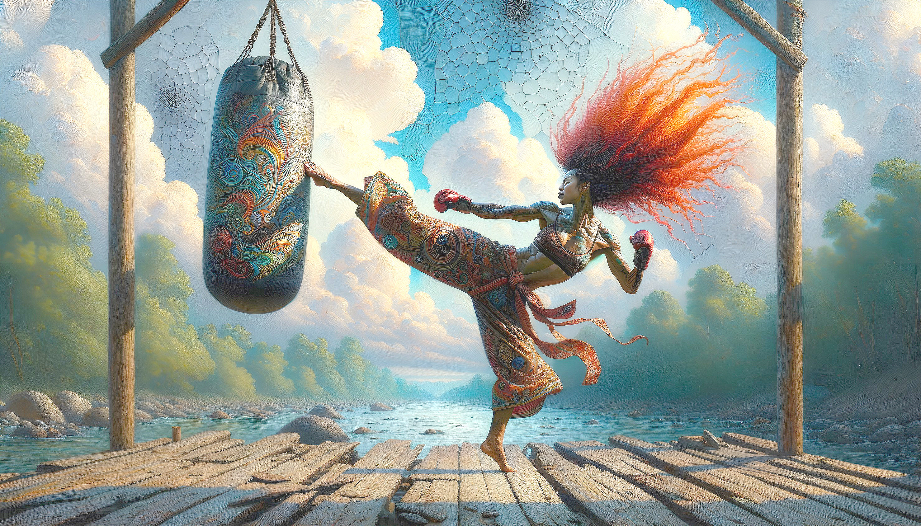 Martial Artist Kicking Vibrant Punching Bag Outdoors