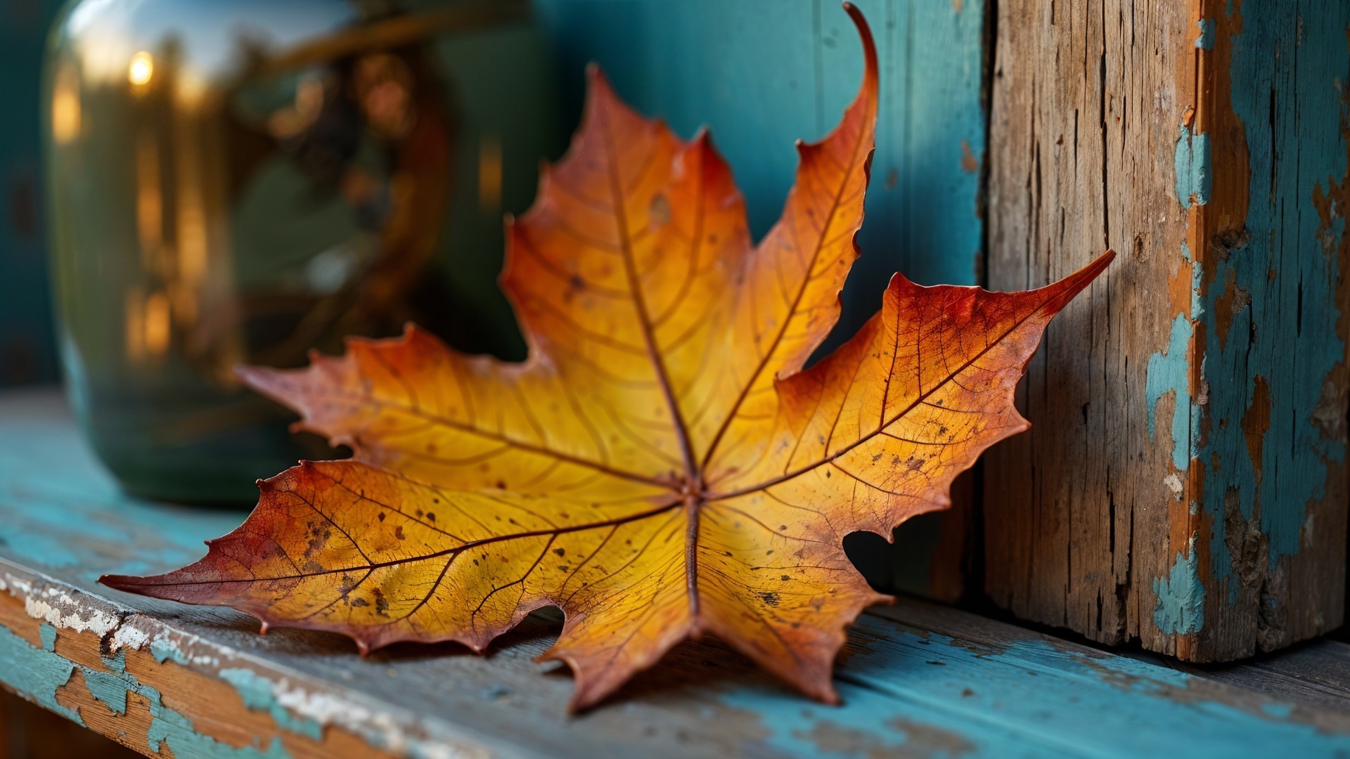 Vibrant Maple Leaf on Rustic Wood with Glass Jar