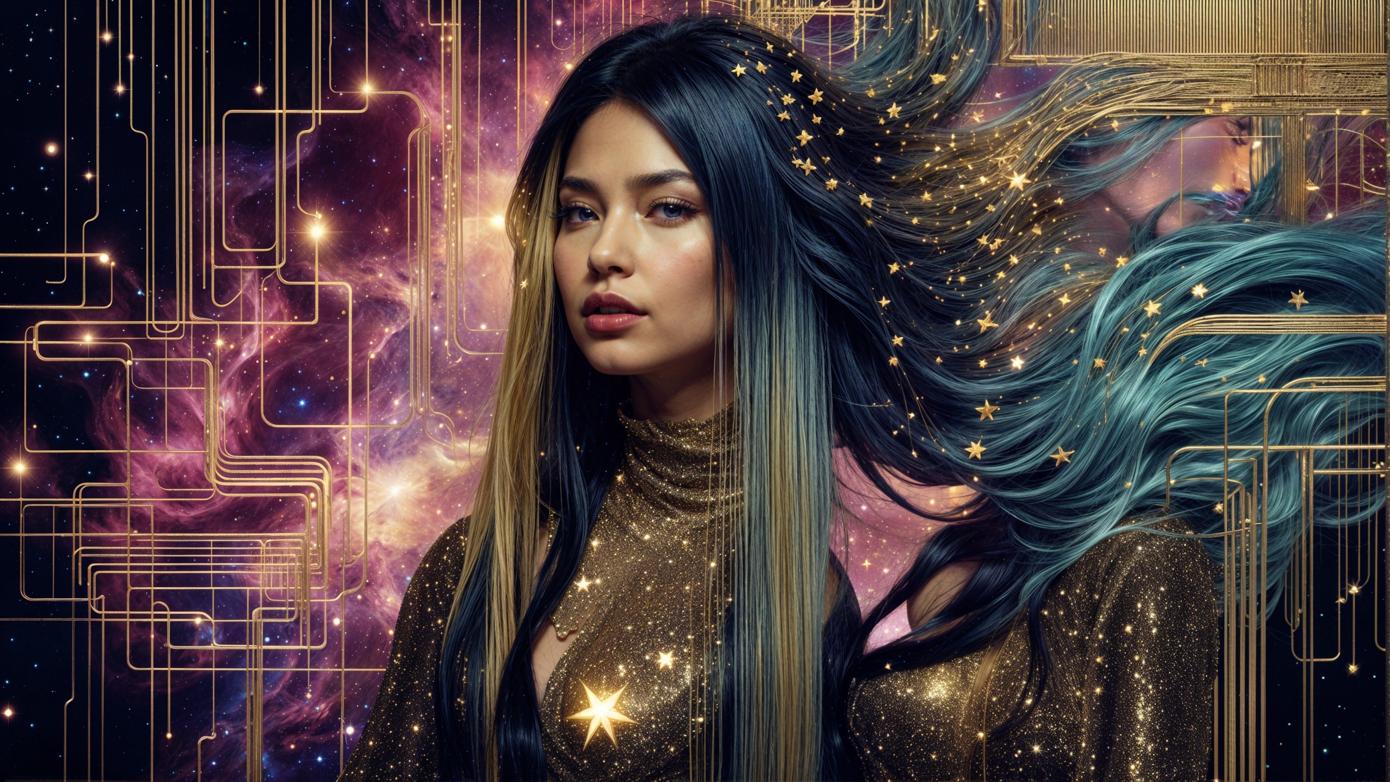 Ethereal figure with flowing blue hair in cosmic scene