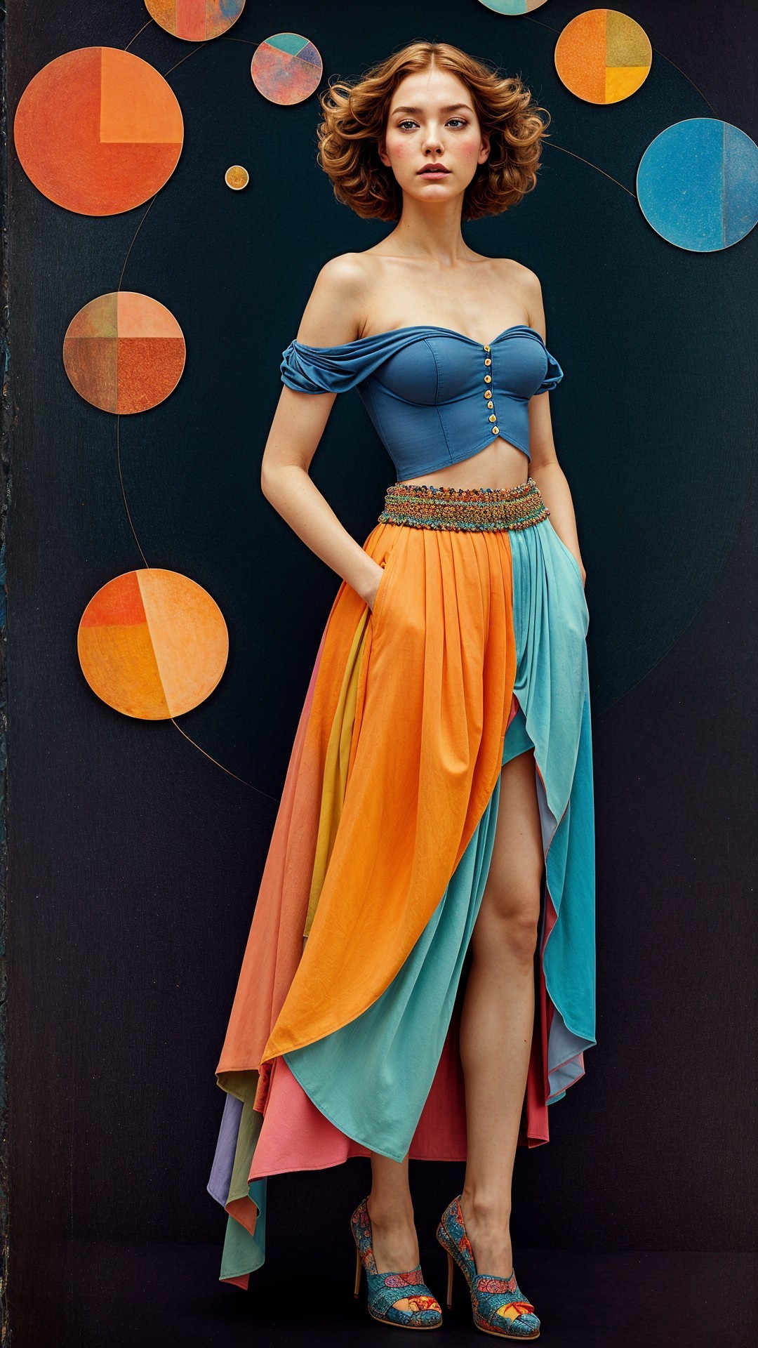 Confident Model in Vibrant Outfit with Artistic Backdrop