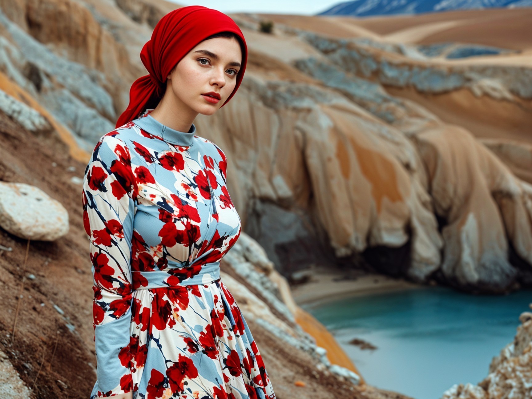 Young woman in floral dress by rocky cliffs and water