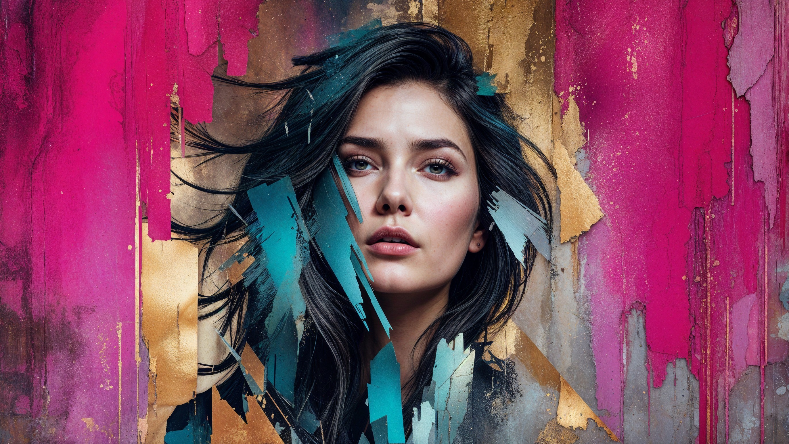 Portrait of a Woman with Dark Hair and Abstract Background