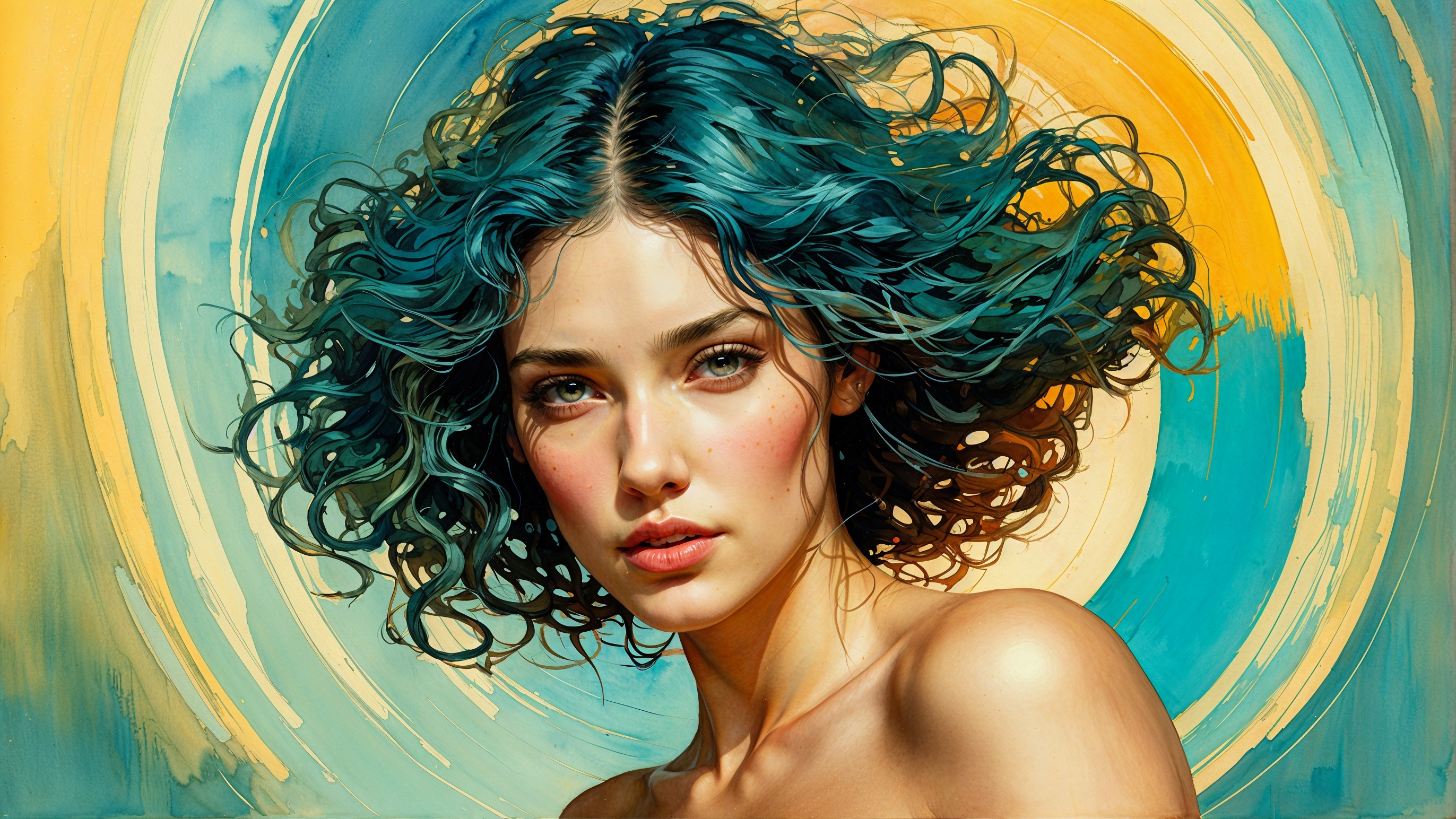 Young woman with teal hair and green eyes in abstract art