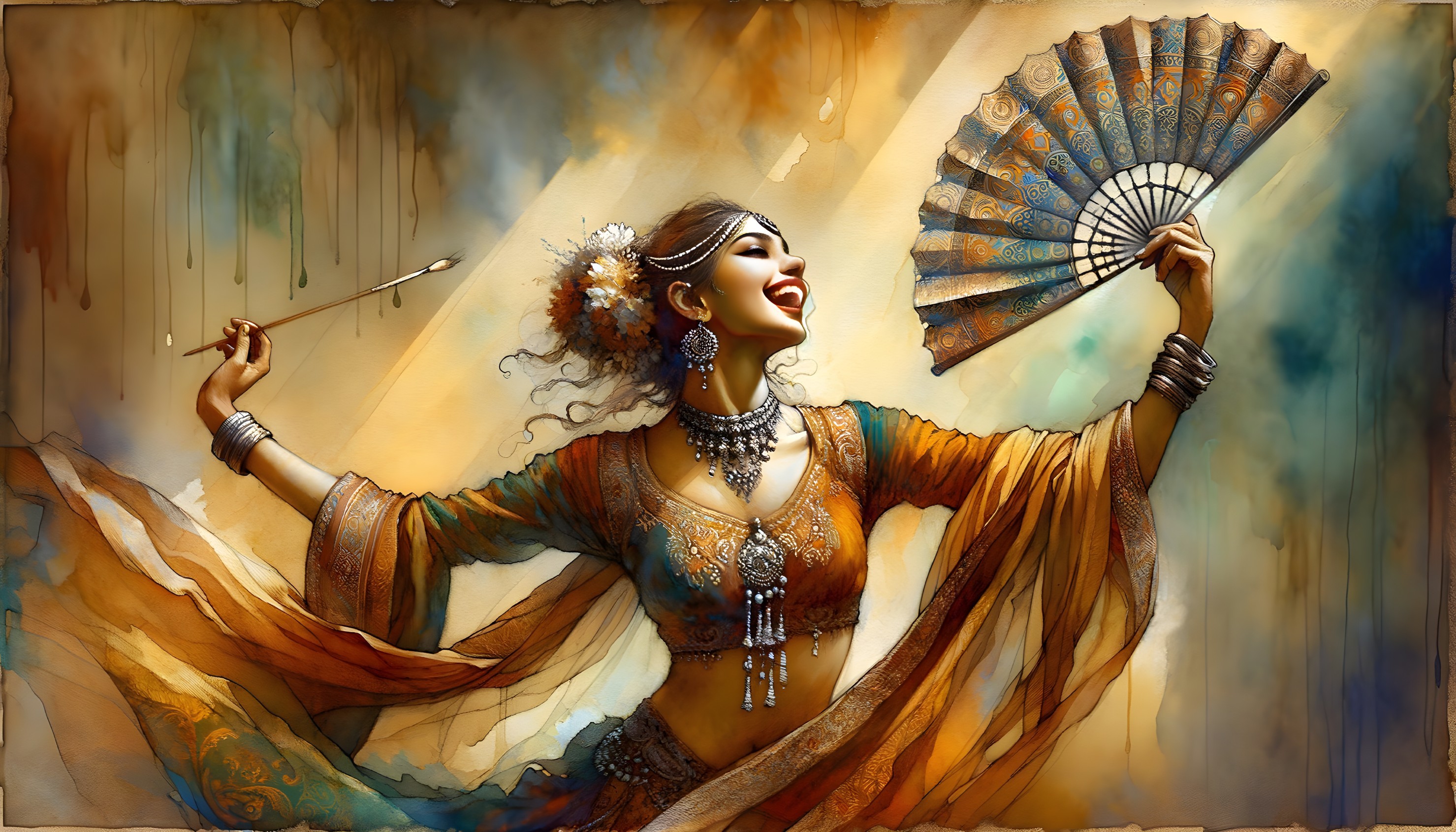 Joyful dancer in vibrant garments with expressive pose