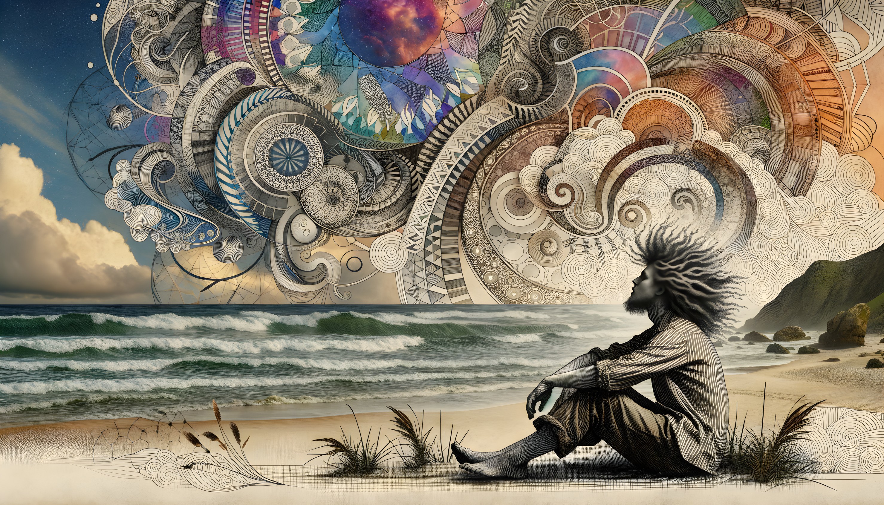 Serene Beach Scene with Vibrant Dreamlike Patterns