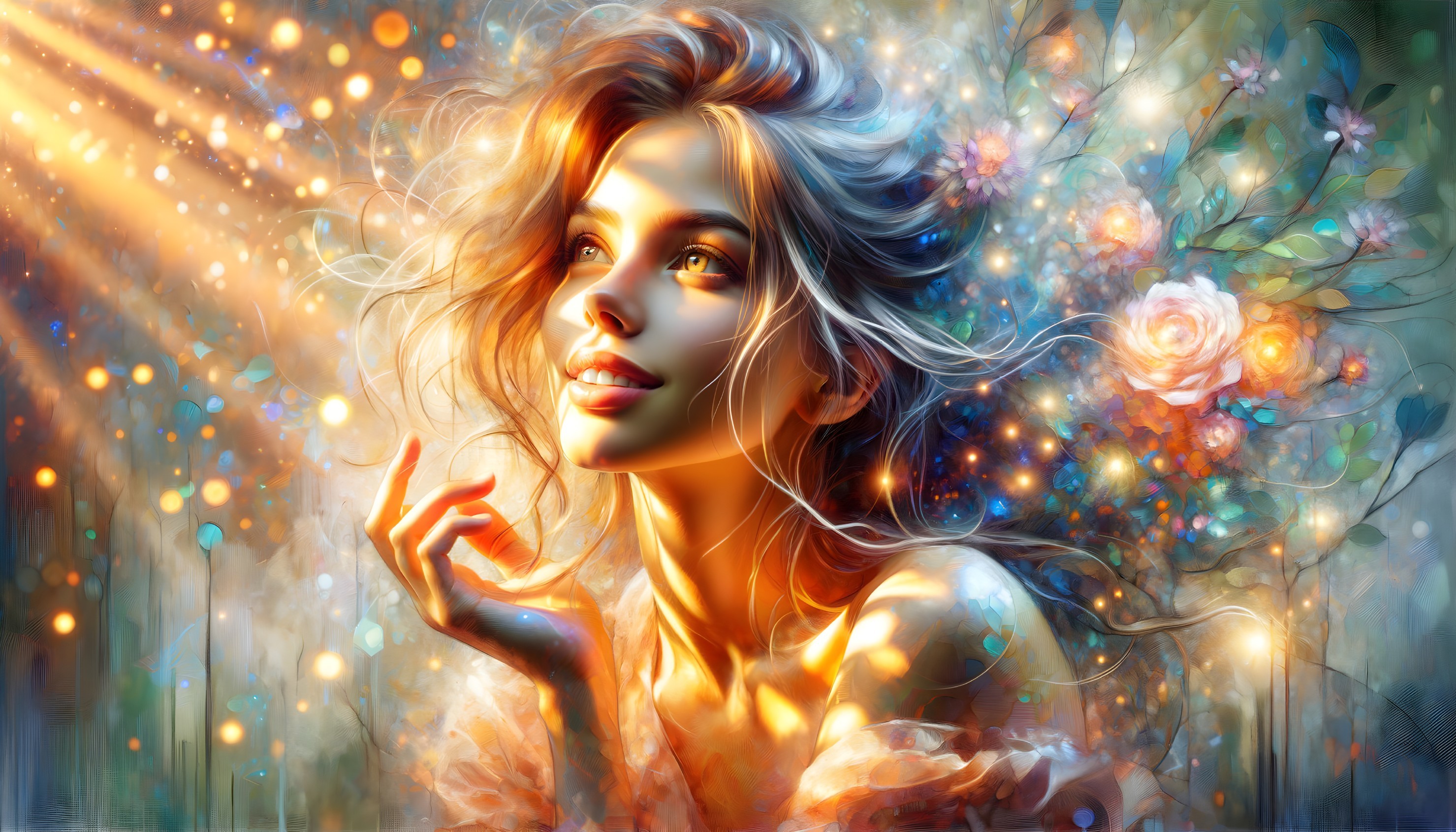 Serene Woman in Golden Light Surrounded by Flowers