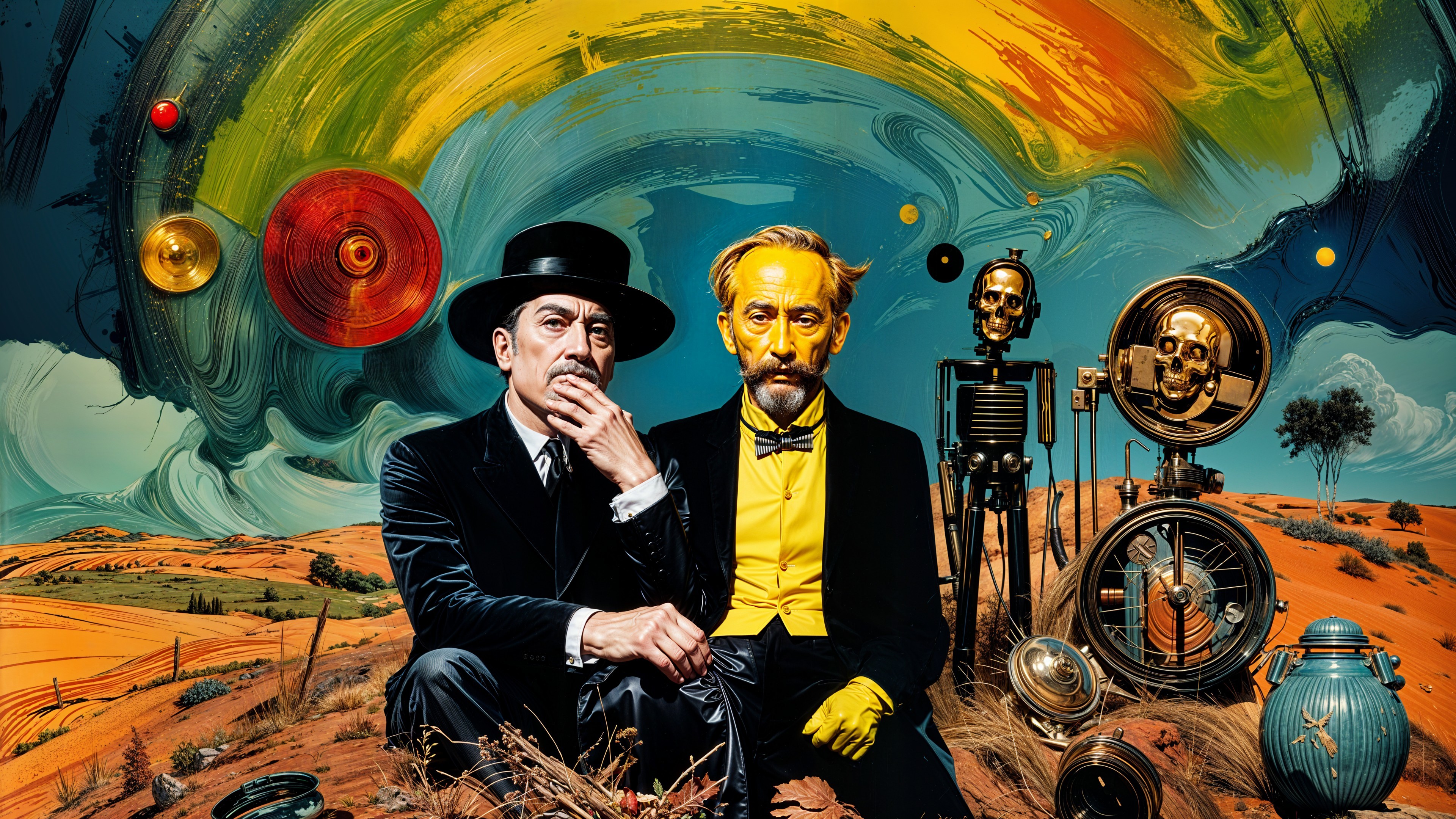 Men in Formal Attire on Scrubland with Robot and Sky