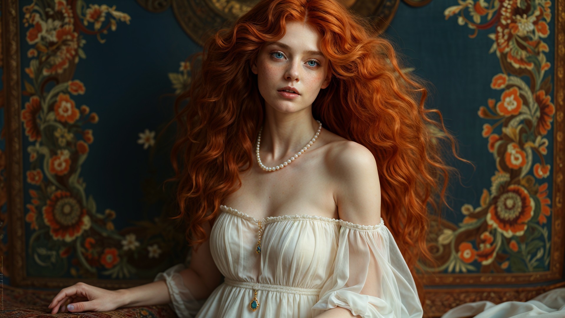 Young woman with red hair in elegant white dress