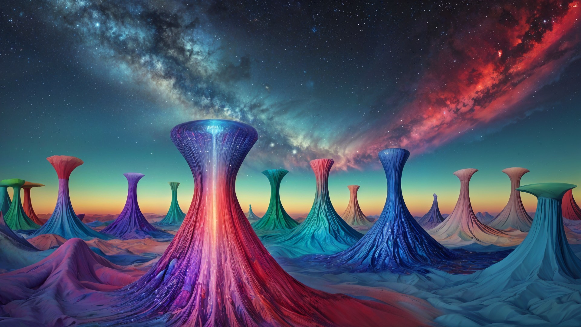 Surreal Landscape with Colorful Formations and Milky Way