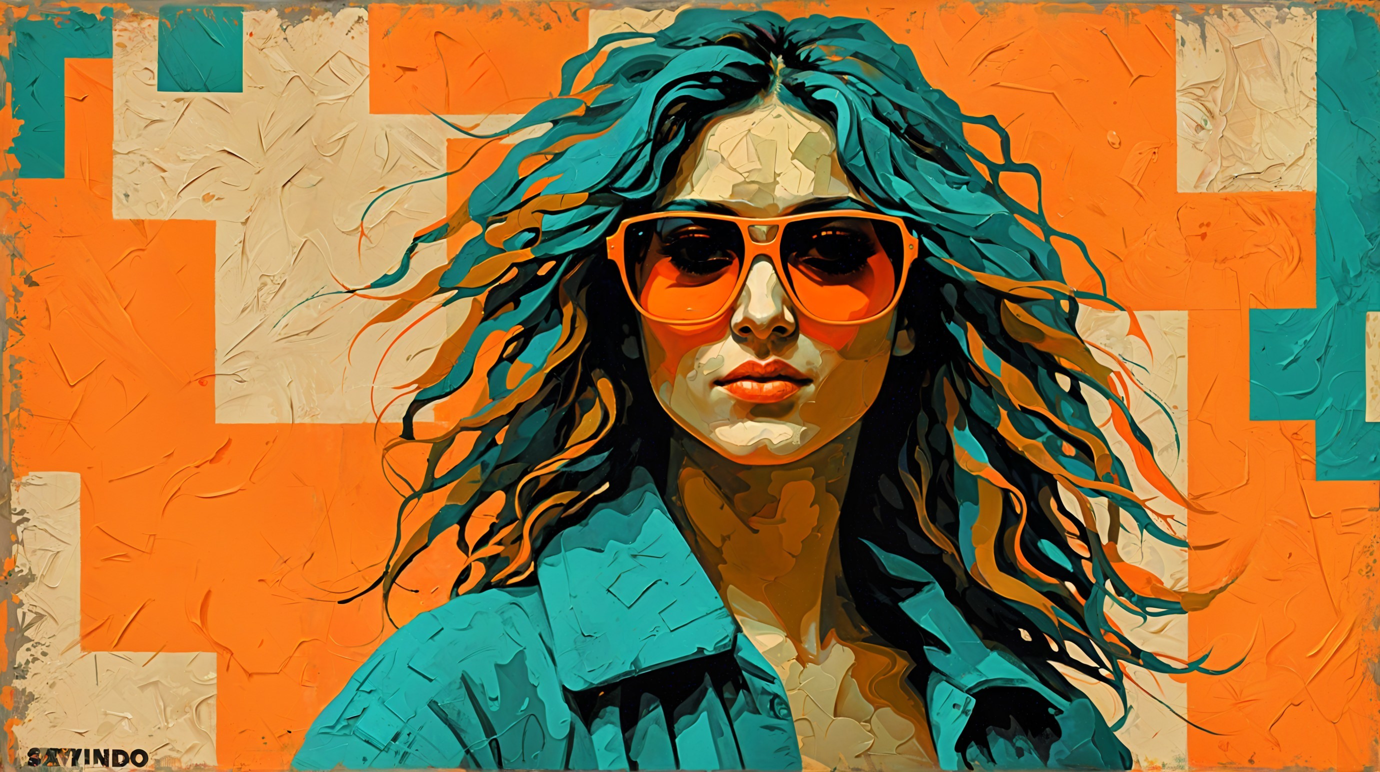 Vibrant Image of Woman in Teal Jacket and Orange Sunglasses