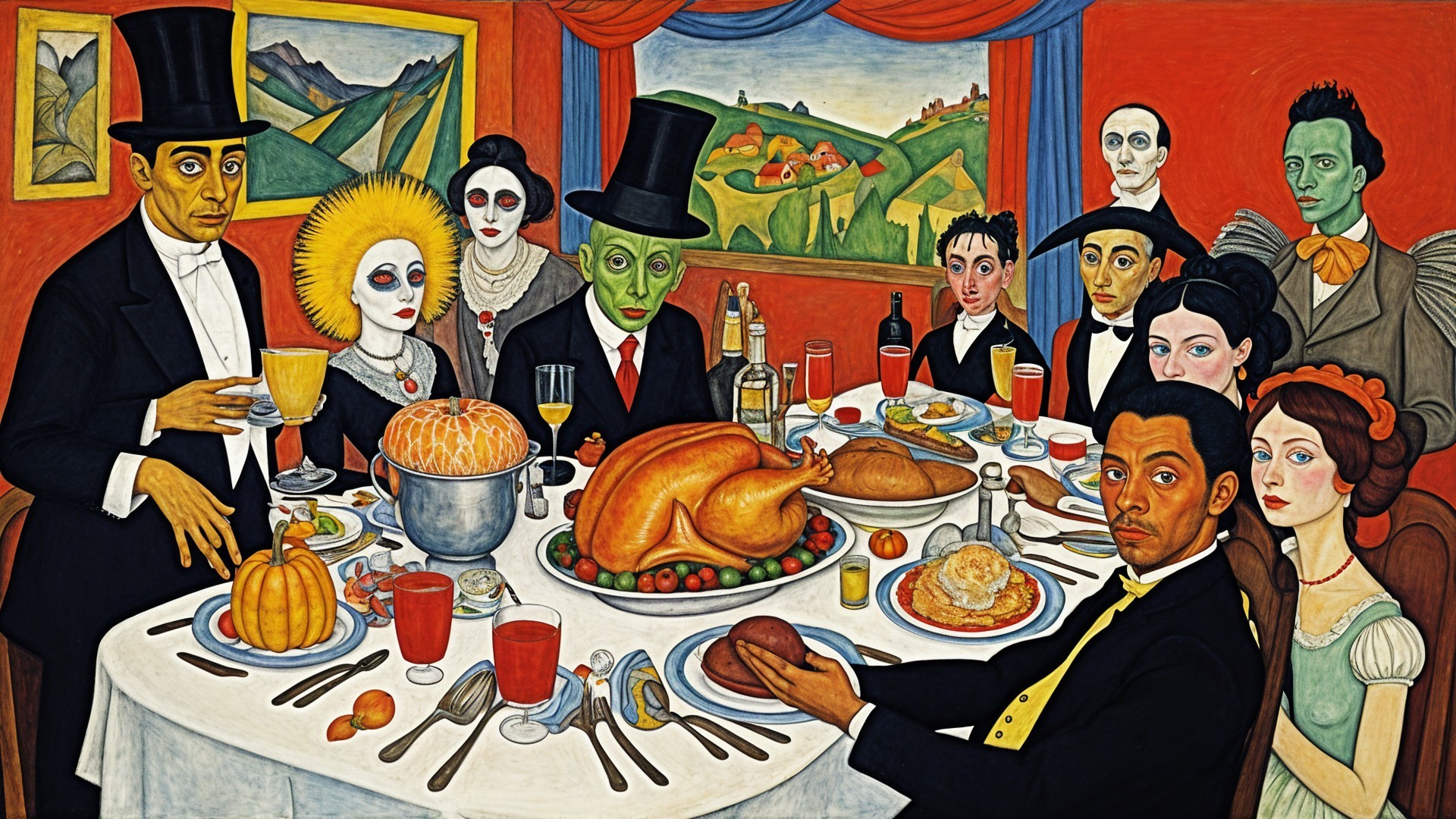 Surreal Dinner Scene with Diverse Figures and Turkey Centerpiece