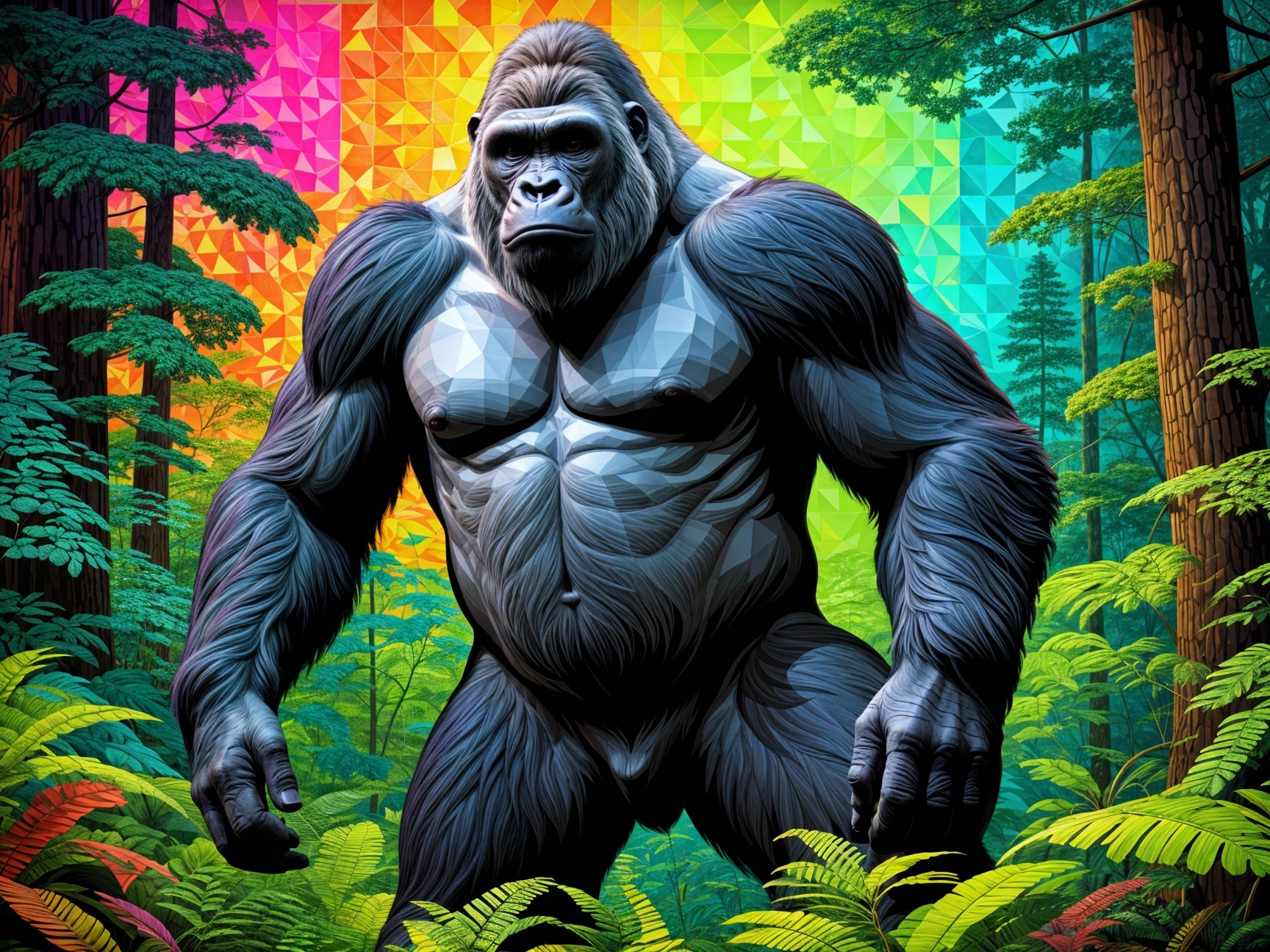 Geometric Gorilla Surrounded by Colorful Jungle Foliage