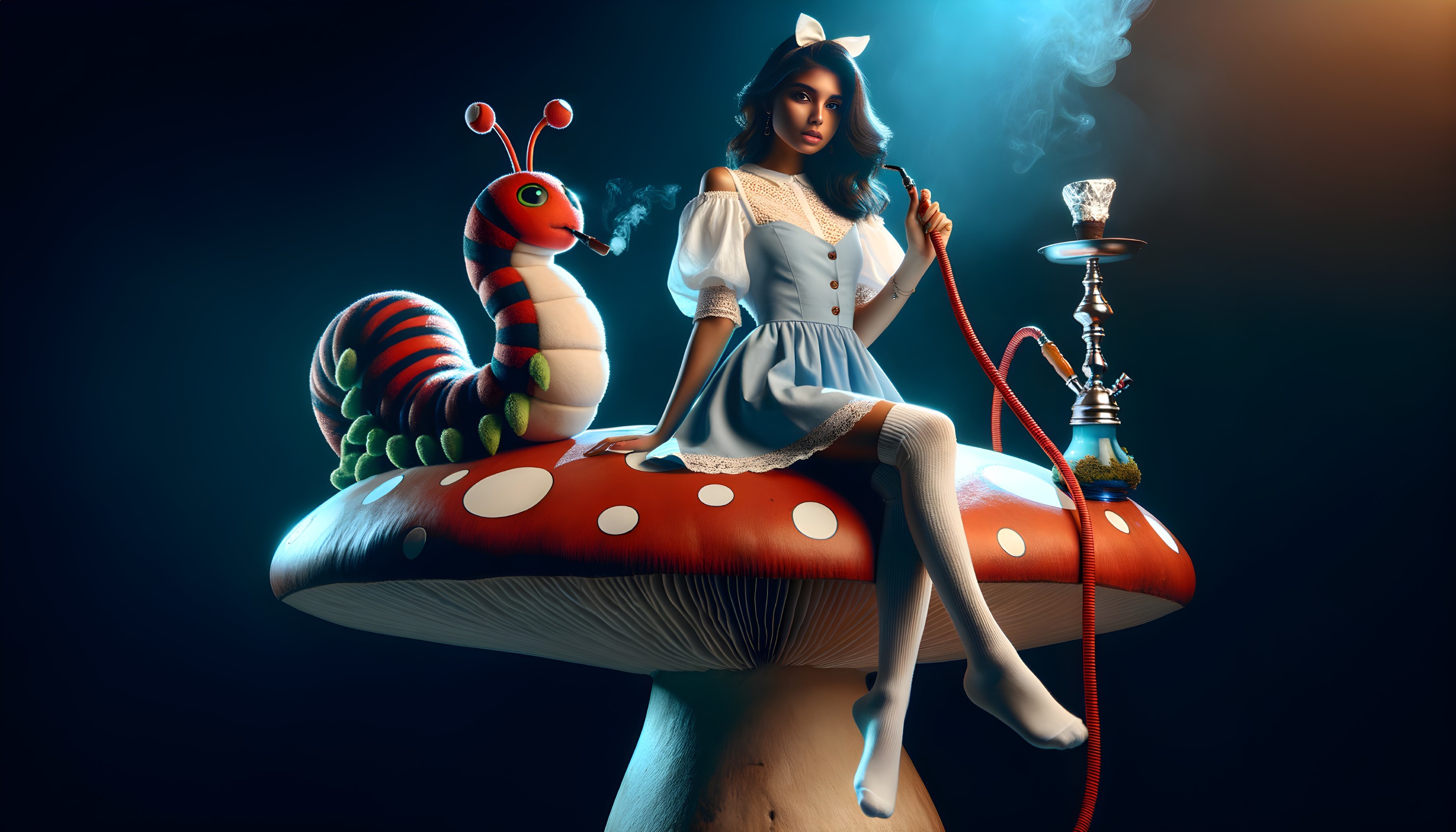 Whimsical Scene with Woman on Giant Mushroom