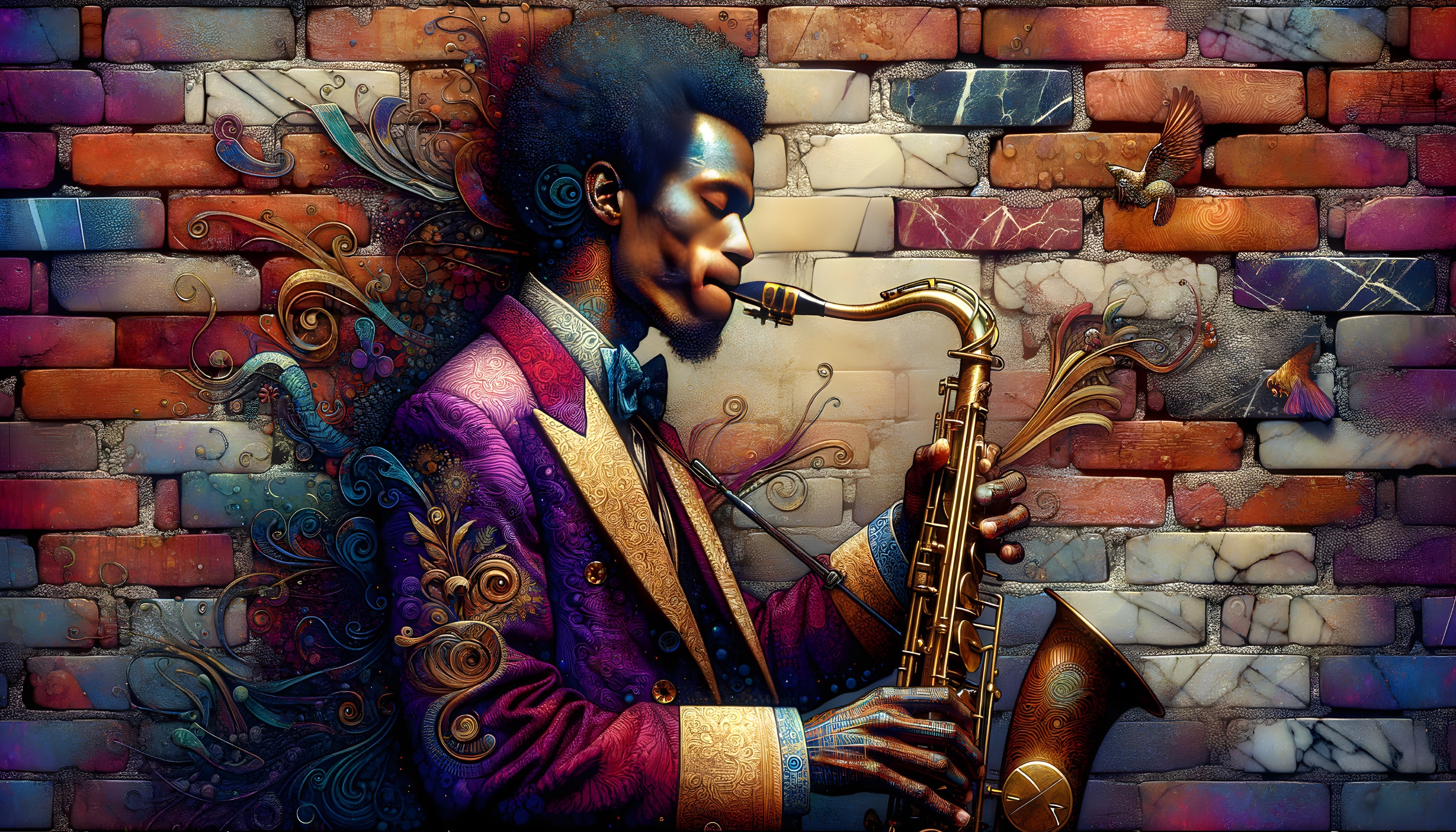 Saxophonist Against Colorful Brick Wall Artwork