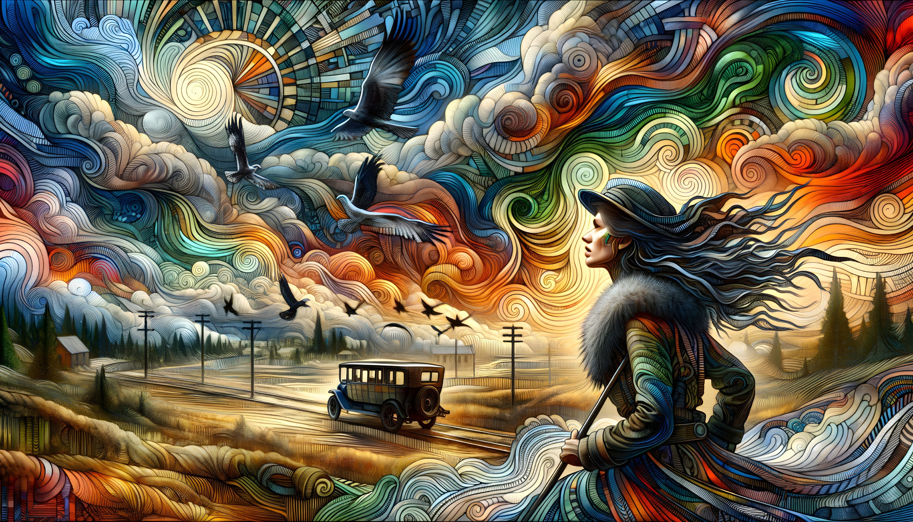 Colorful Landscape with Woman and Vintage Car