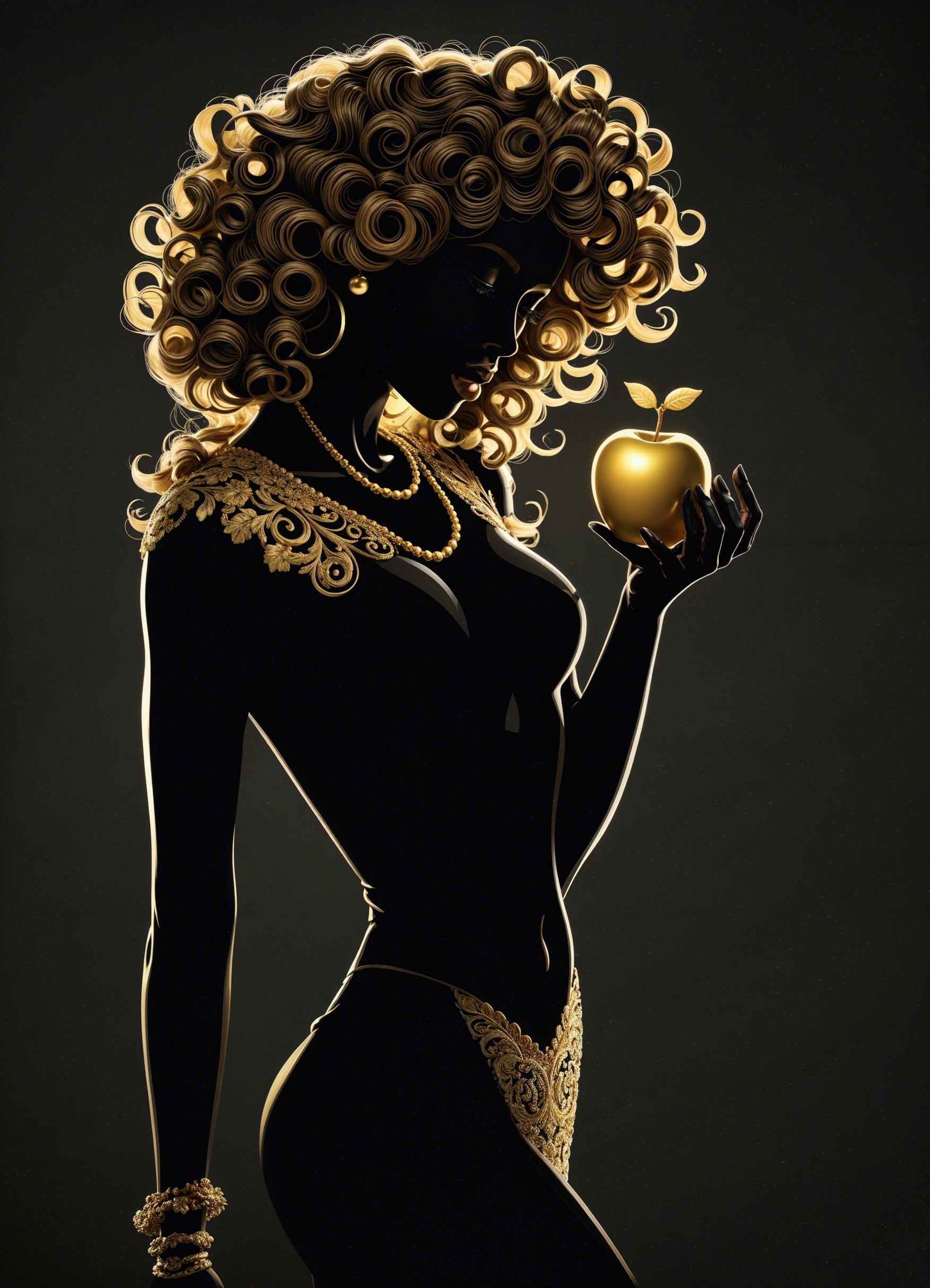 Silhouette of a Woman with Golden Apple and Jewelry
