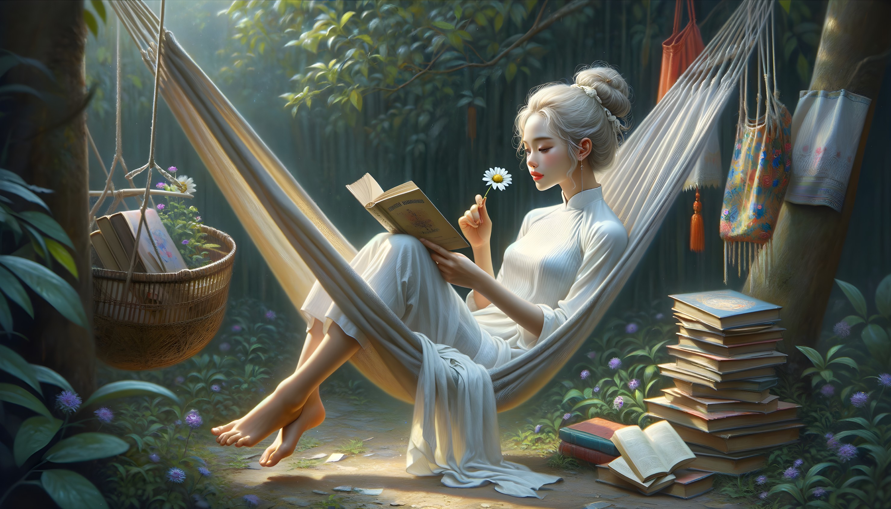 Young Woman Reading in a Forest Hammock Setting