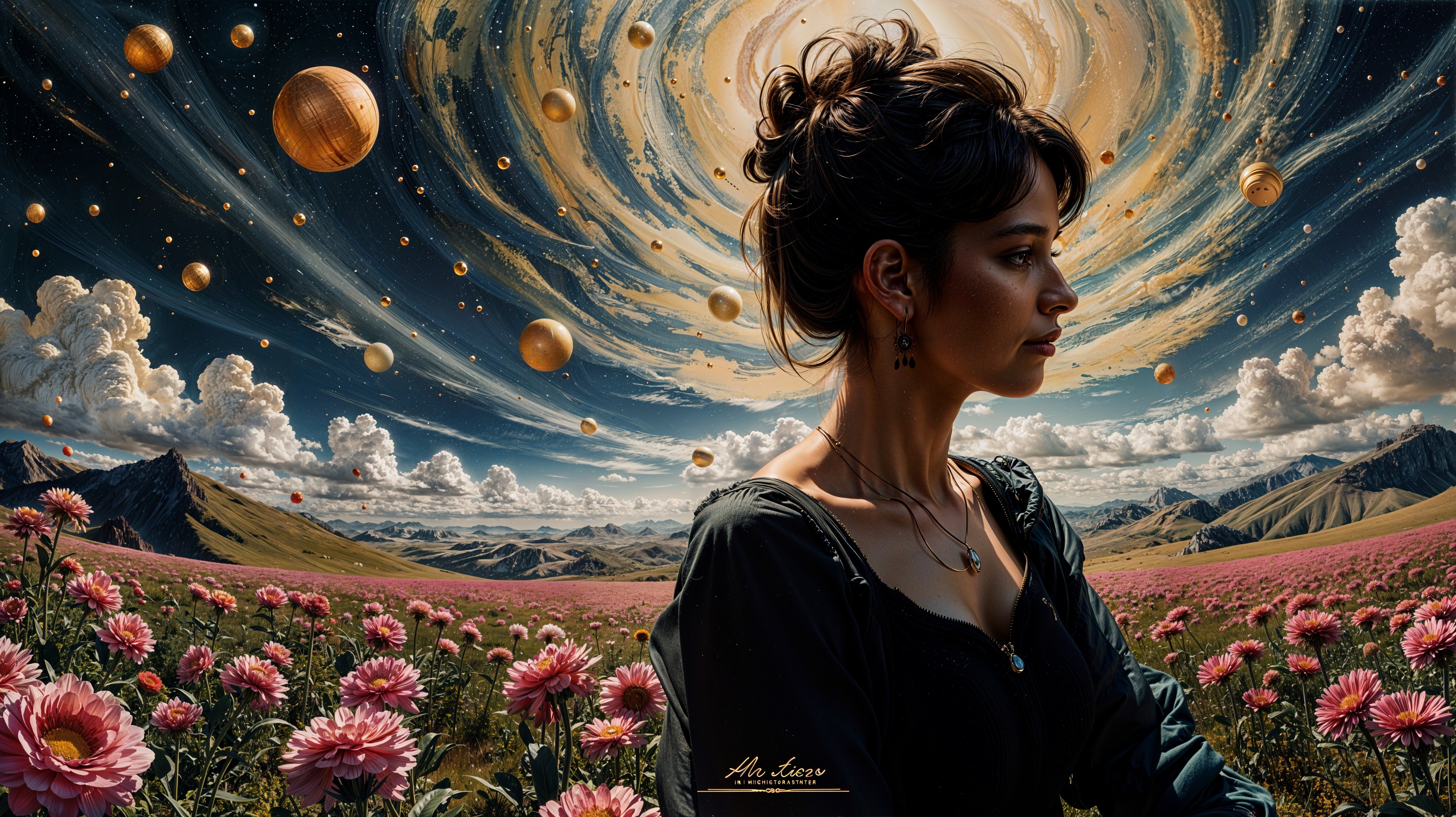 Woman in Pink Flower Field with Cosmic Sky Background
