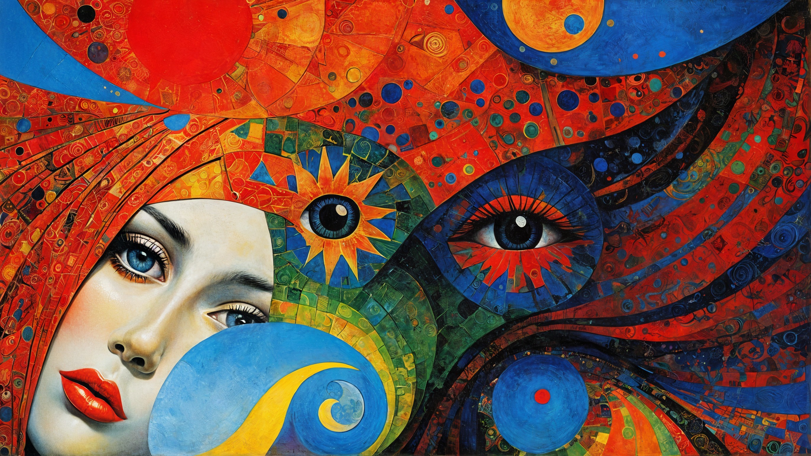 Vibrant Abstract Artwork with Serene Woman's Face