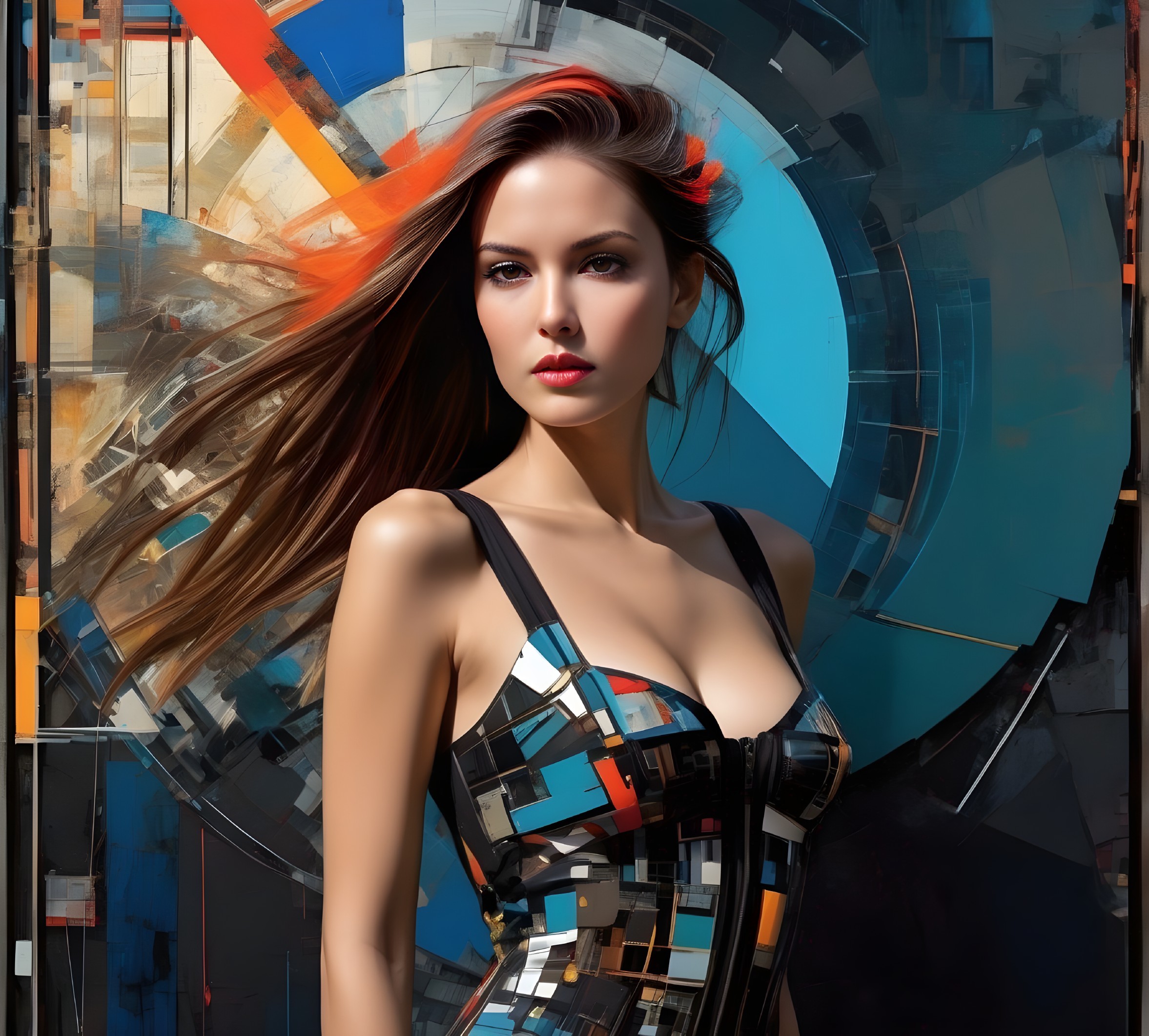 Portrait of a Woman in Colorful Geometric Dress