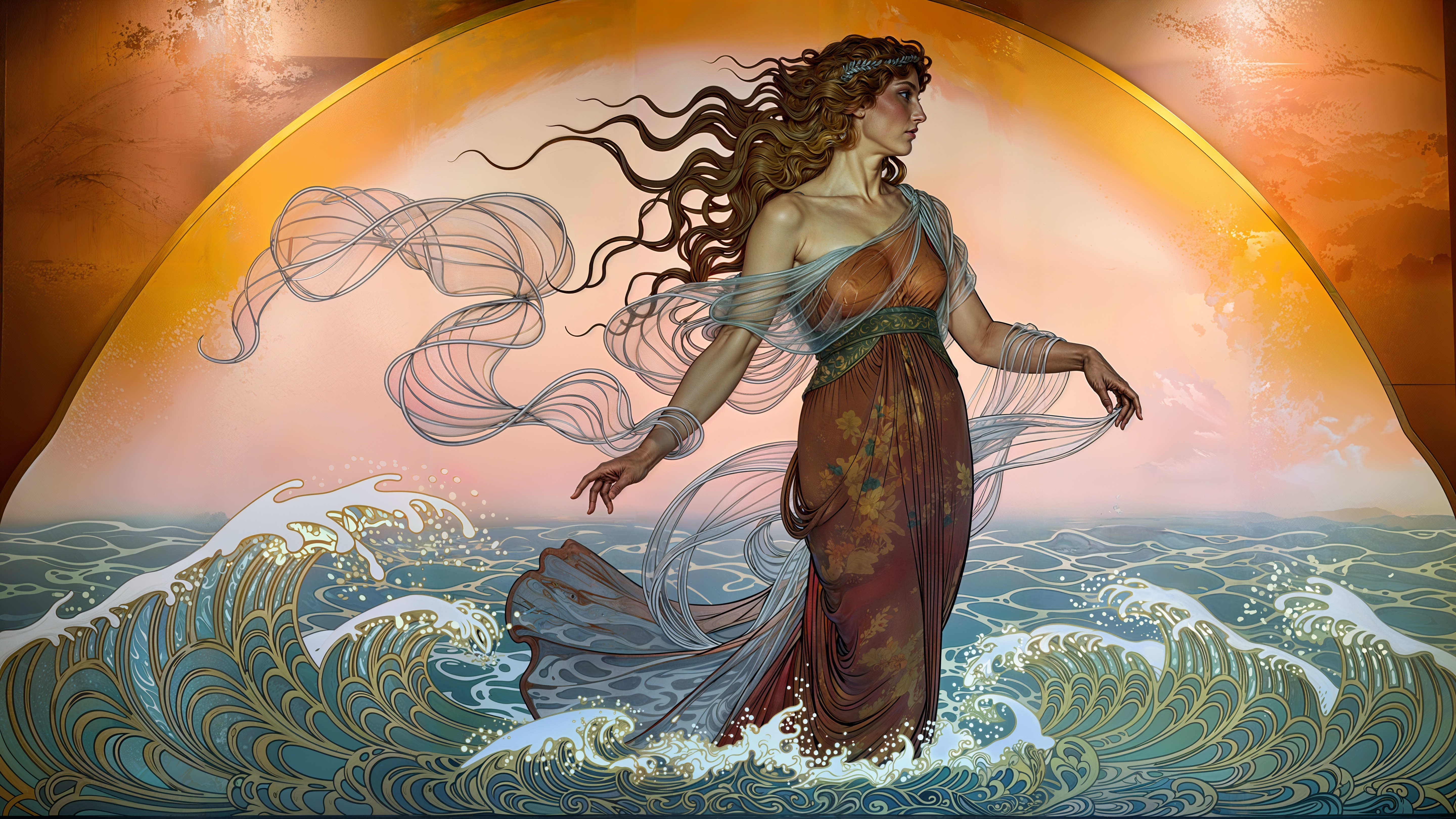 Art Nouveau Elegance: Woman in Flowing Dress by Ocean
