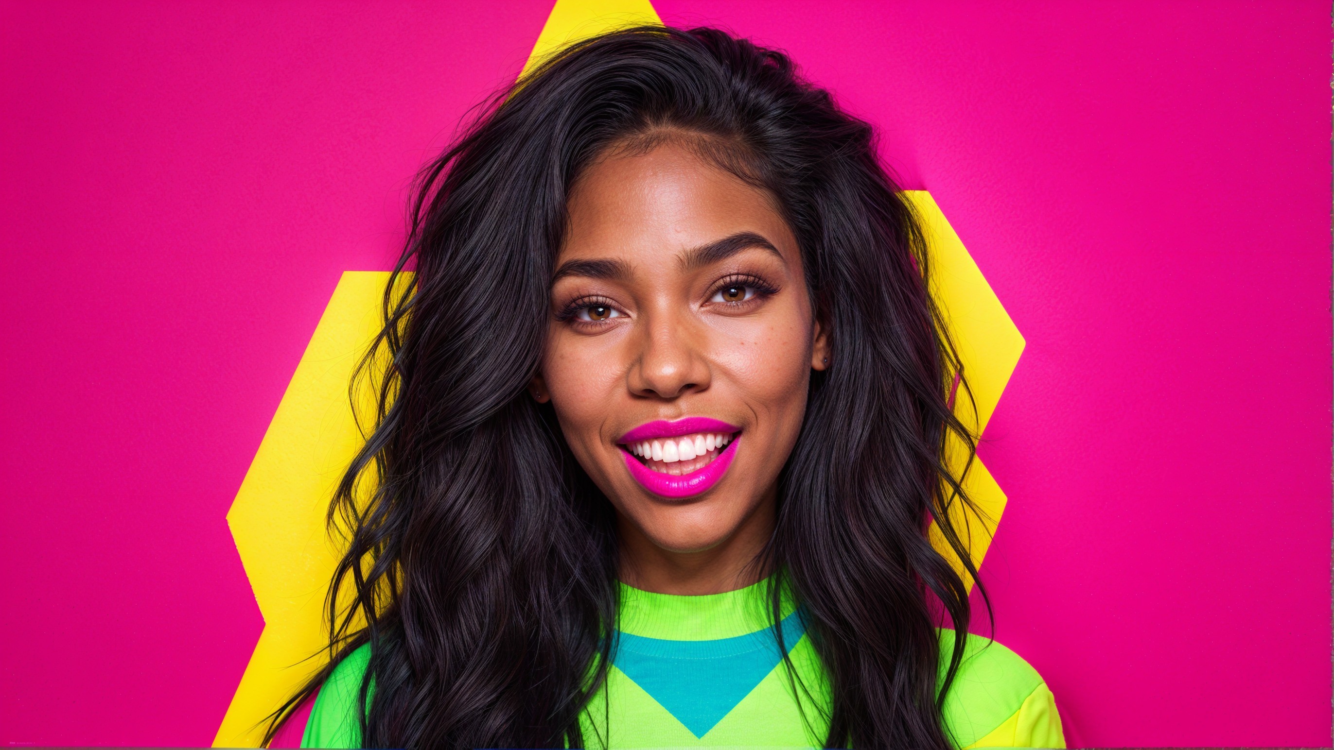 Vibrant Portrait of a Smiling Woman with Colorful Backdrop