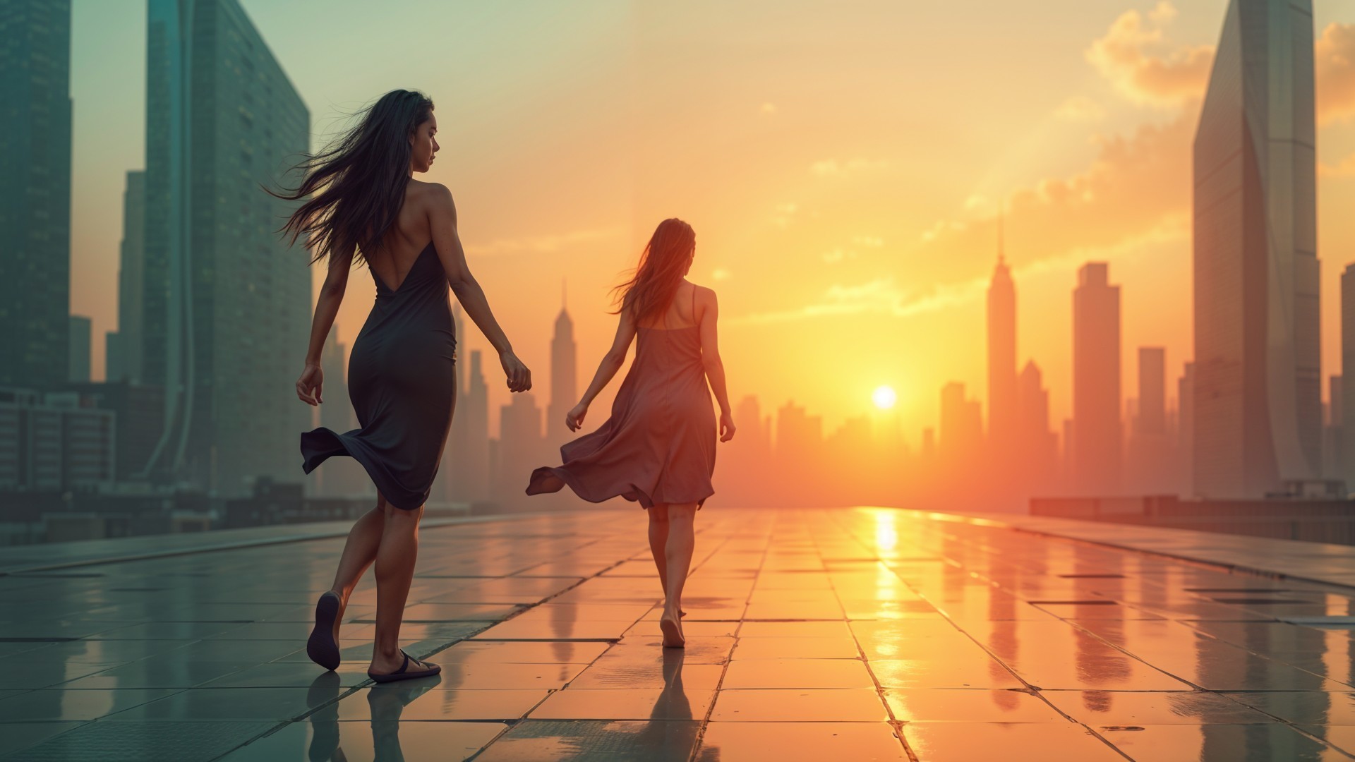 Women in Dark Dresses Silhouetted at Sunset