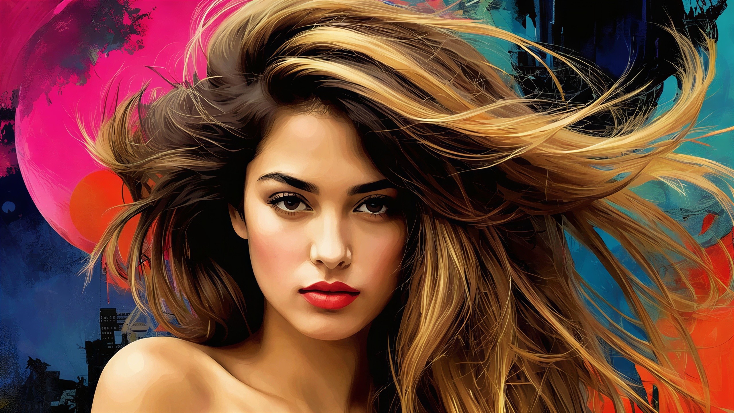 Vibrant poster of a young woman in abstract cityscape