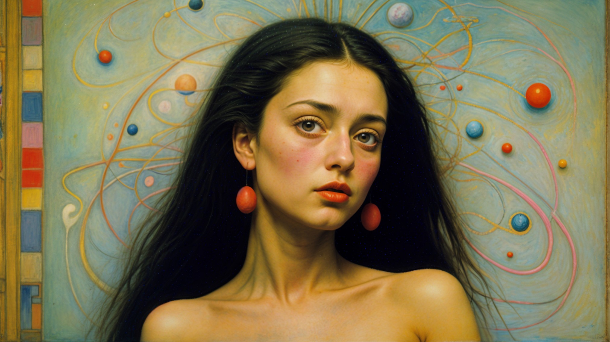 Young woman with dark hair in a cosmic backdrop