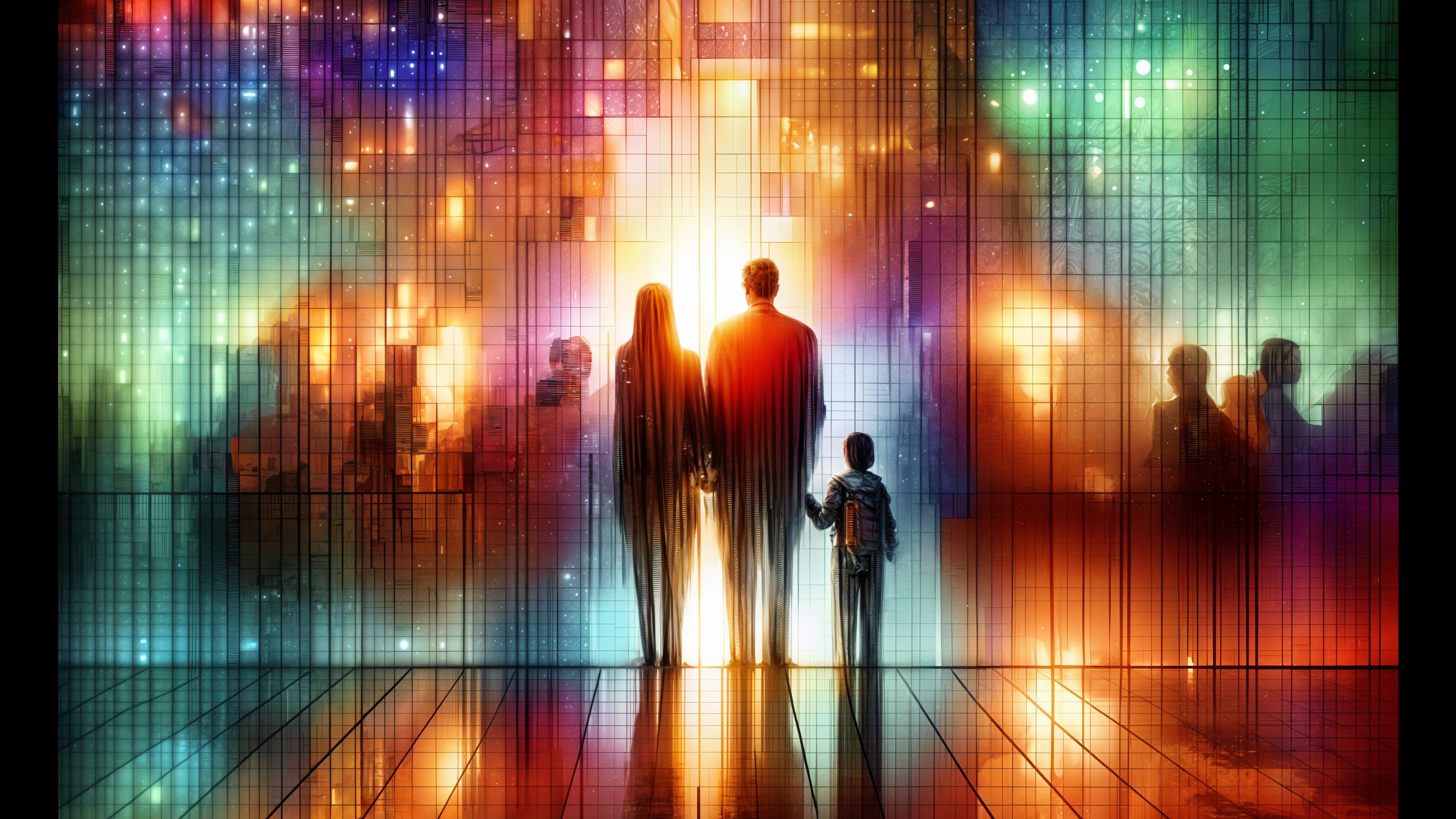 Family Facing Multicolored Lights in Full Shot