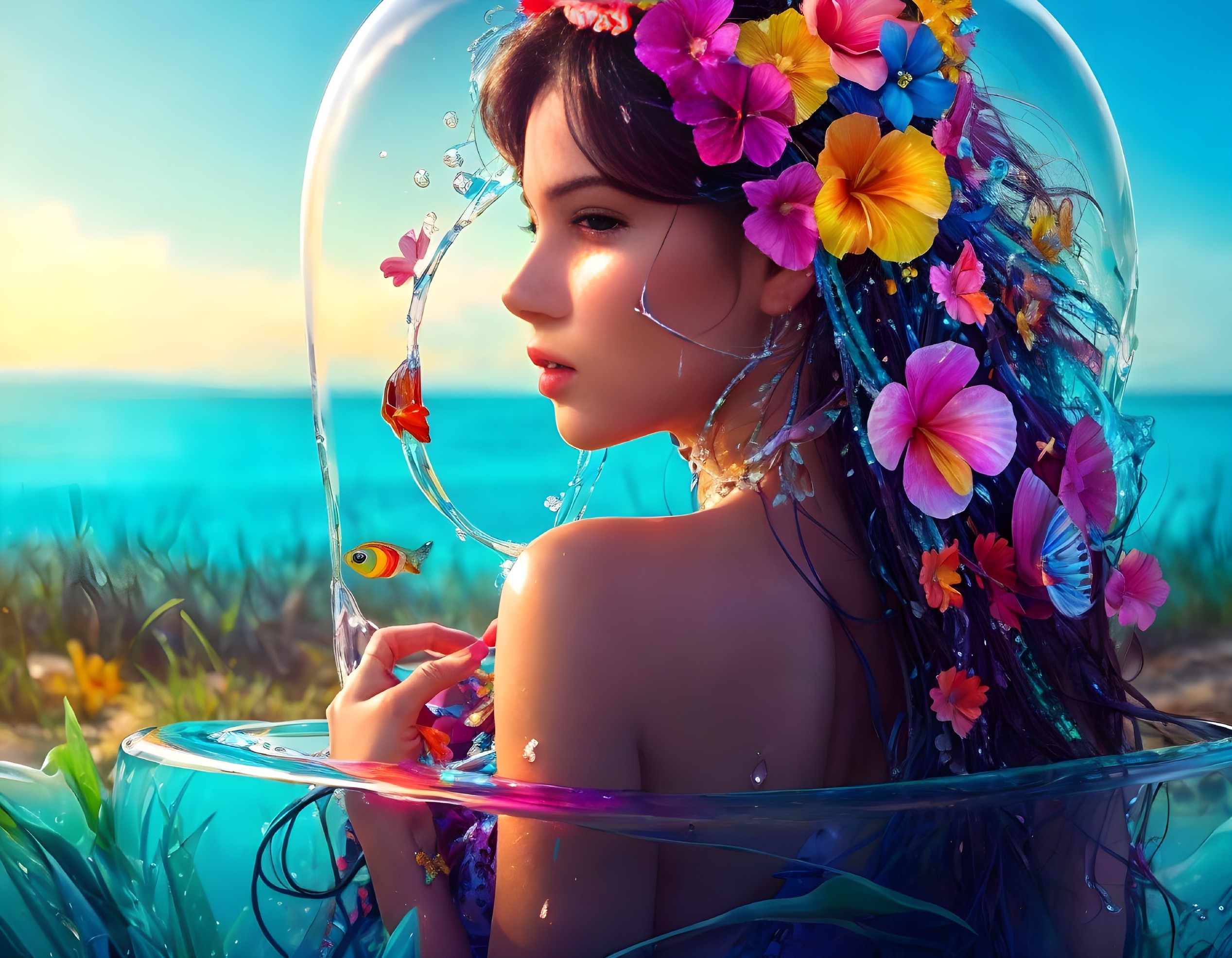 Underwater Scene with Serene Figure and Flowers