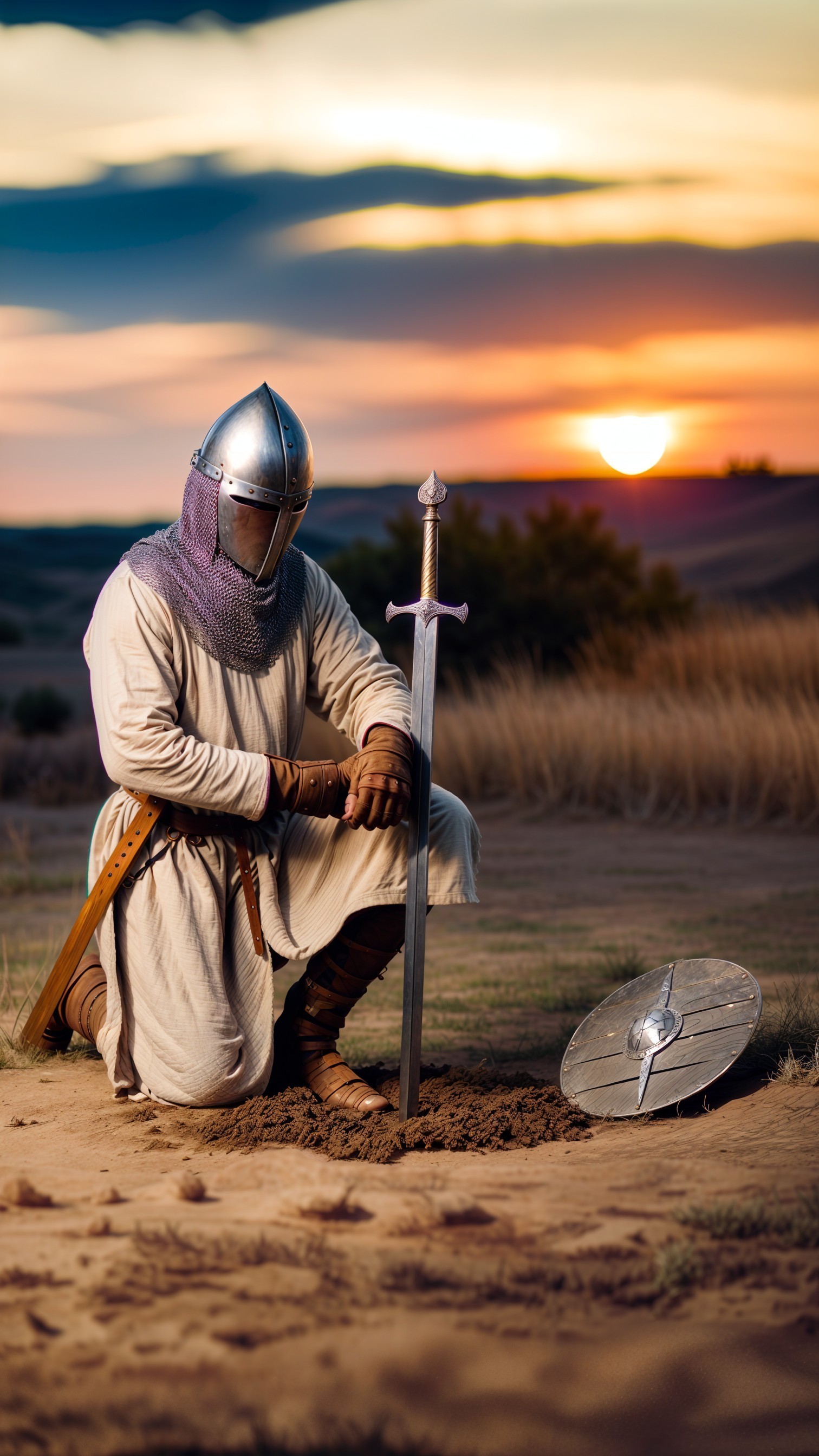 Medieval Knight in Sandy Landscape at Sunset