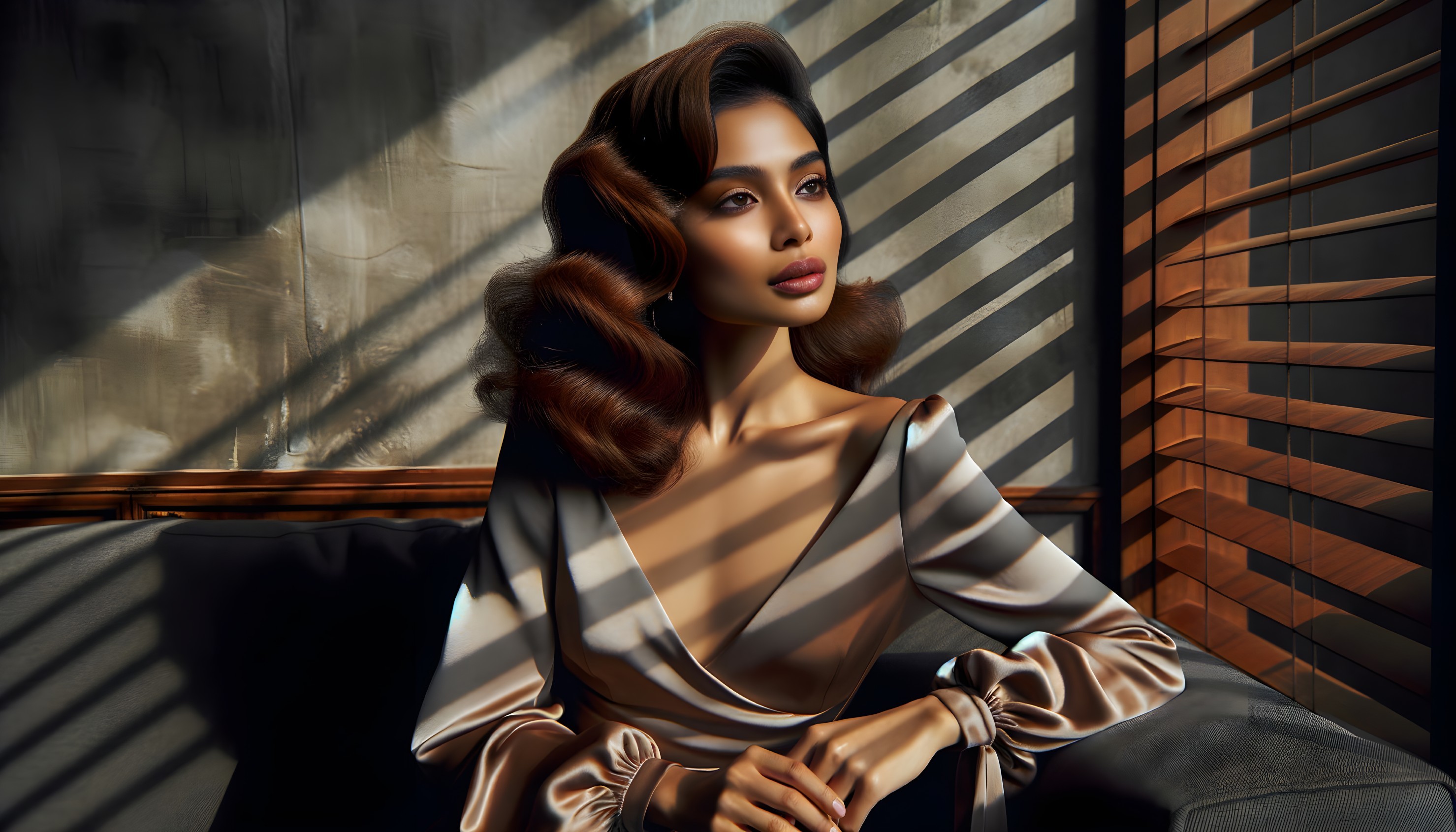 Vintage Hollywood Style Woman by Window with Shadows