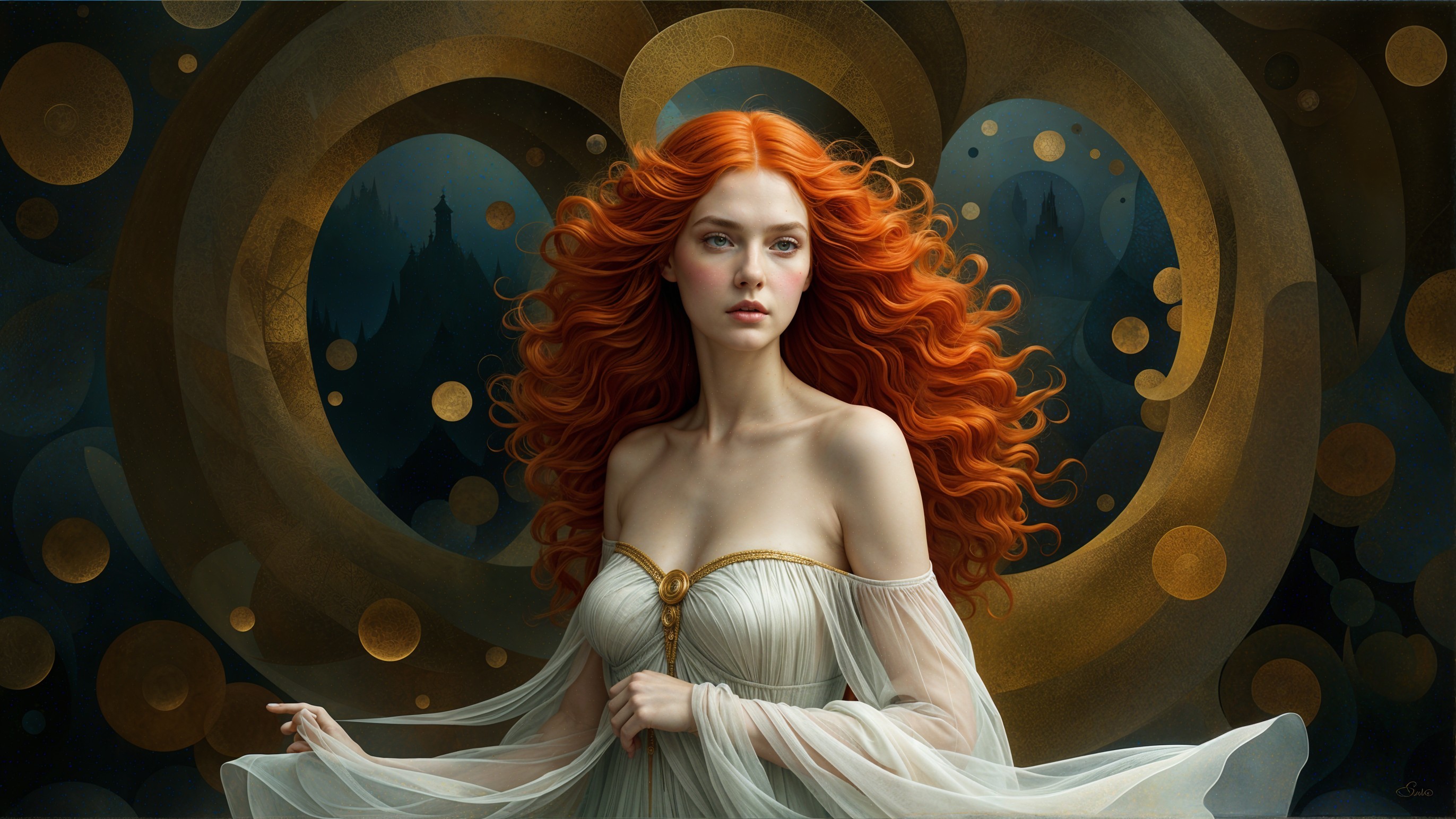 Serene figure with red hair in ethereal landscape