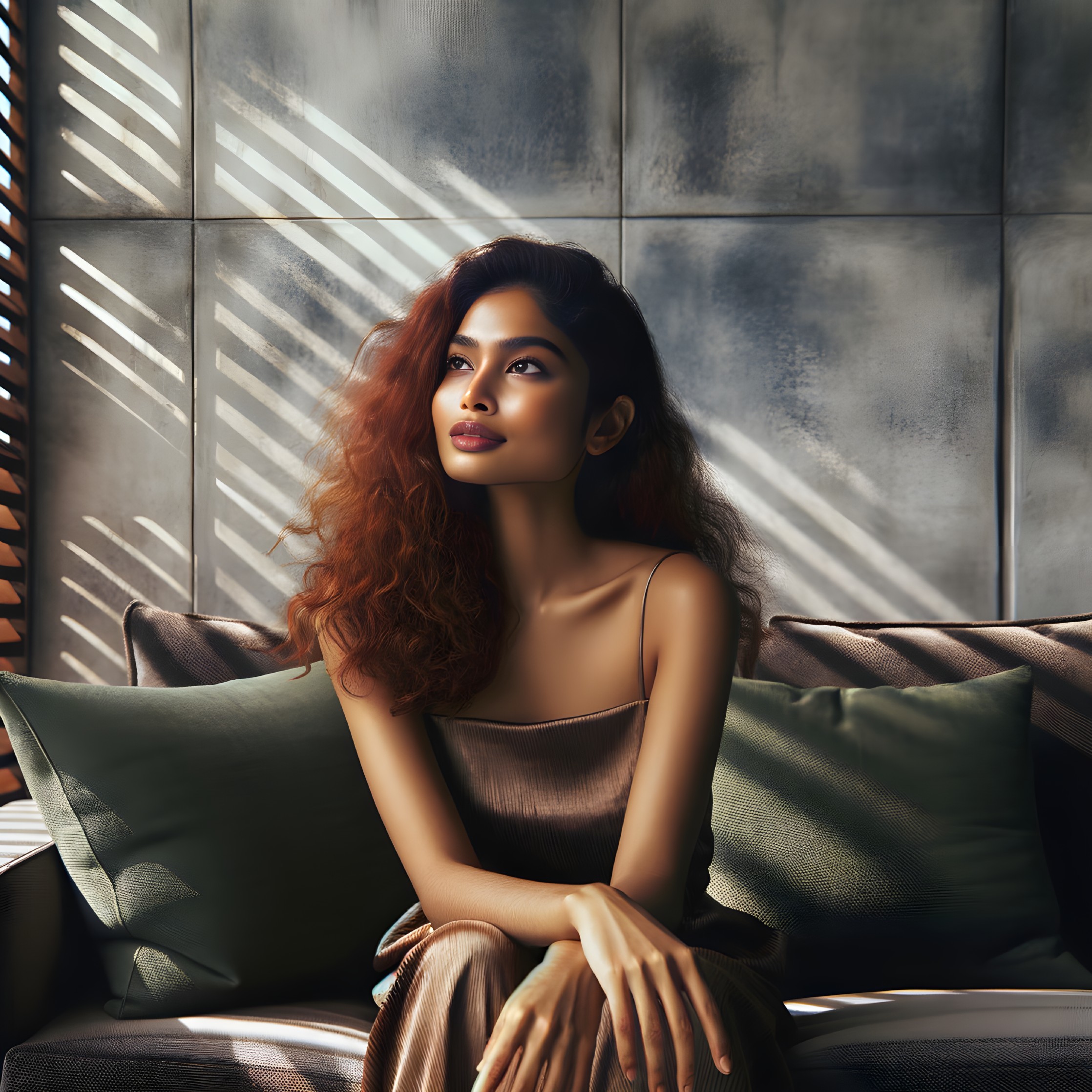 Elegant Woman in Shimmering Dress on Plush Couch