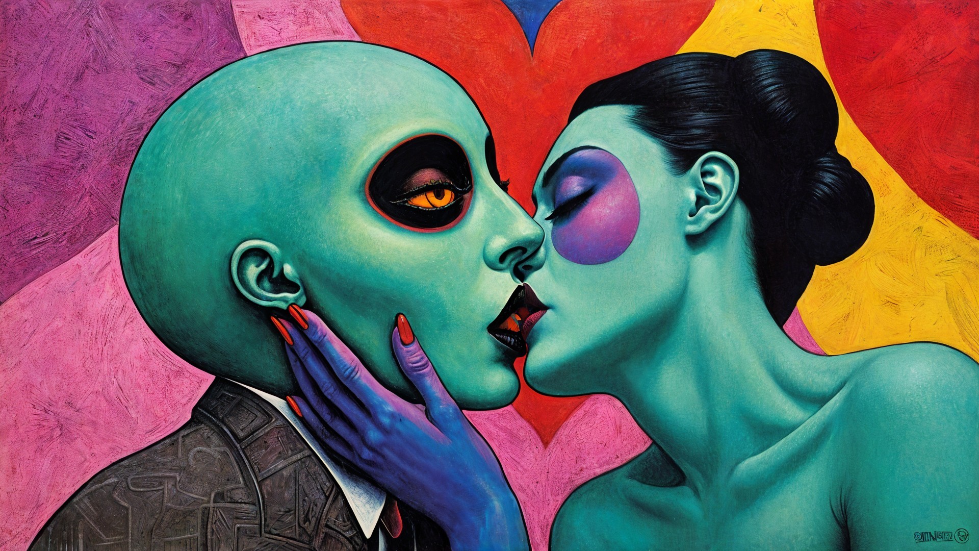 Surreal Artwork of Two Figures Sharing a Kiss