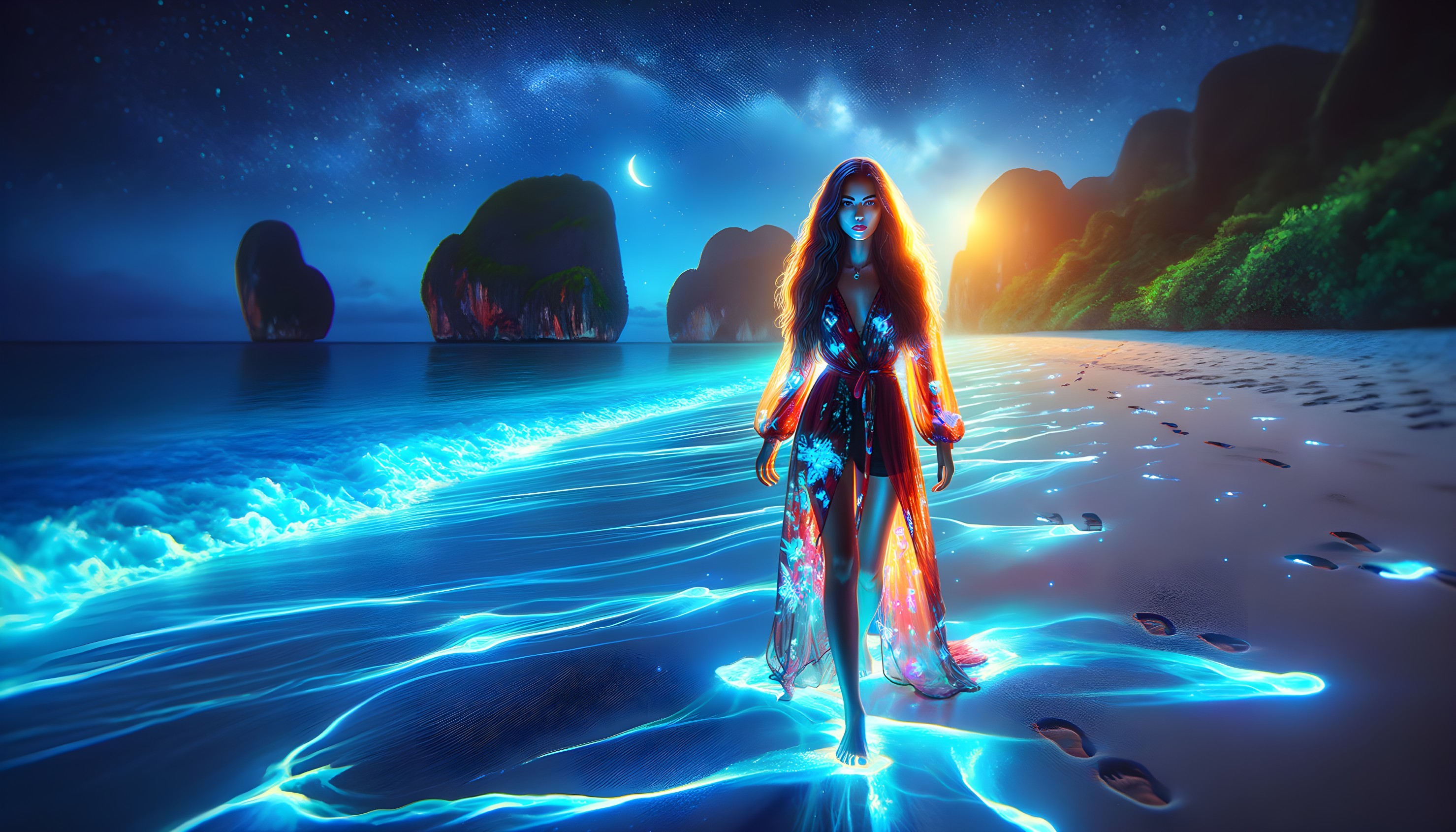 Moonlit Beach Scene with Bioluminescent Waves