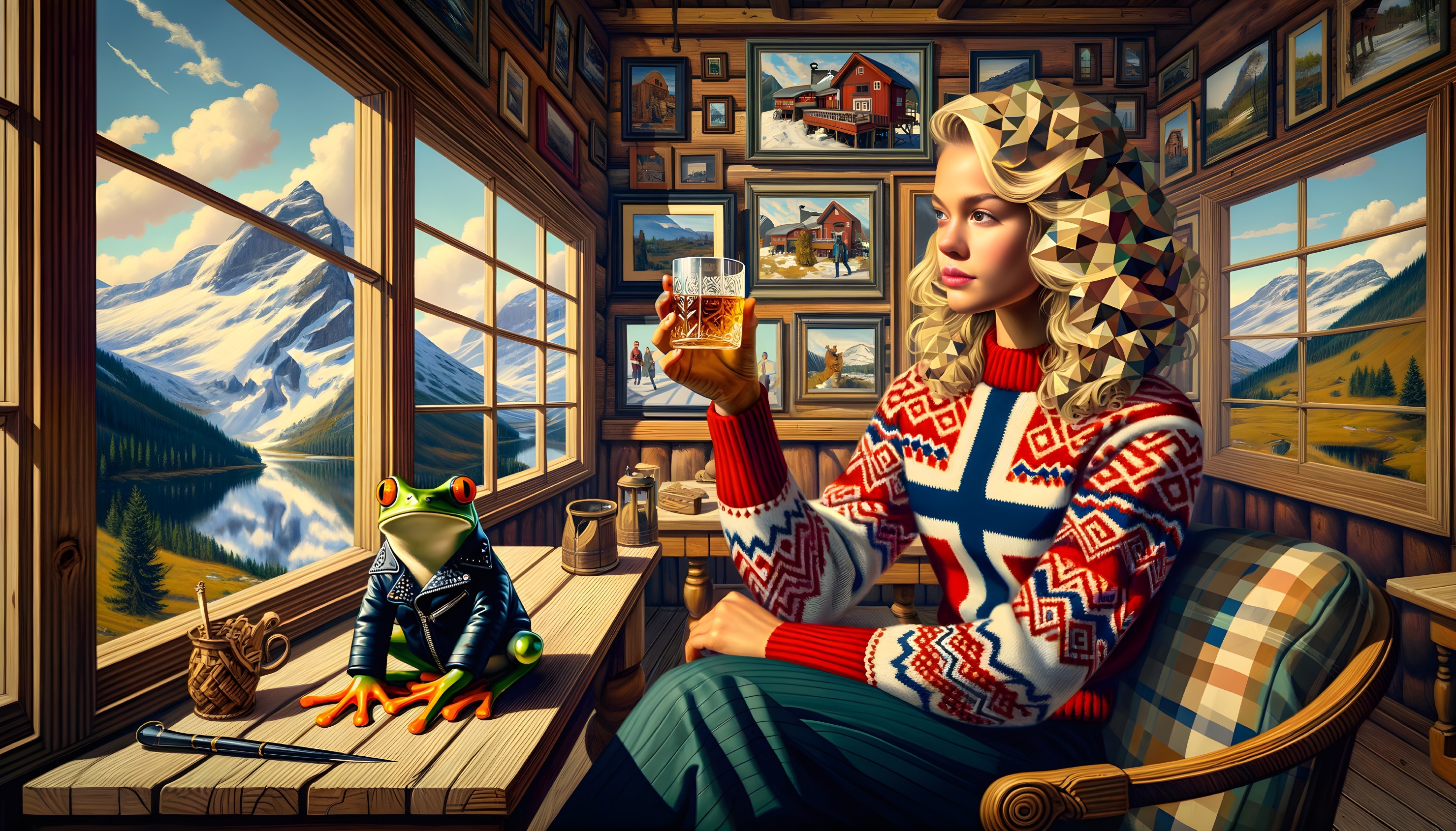 Cozy Mountain Cabin Scene with Woman and Frog