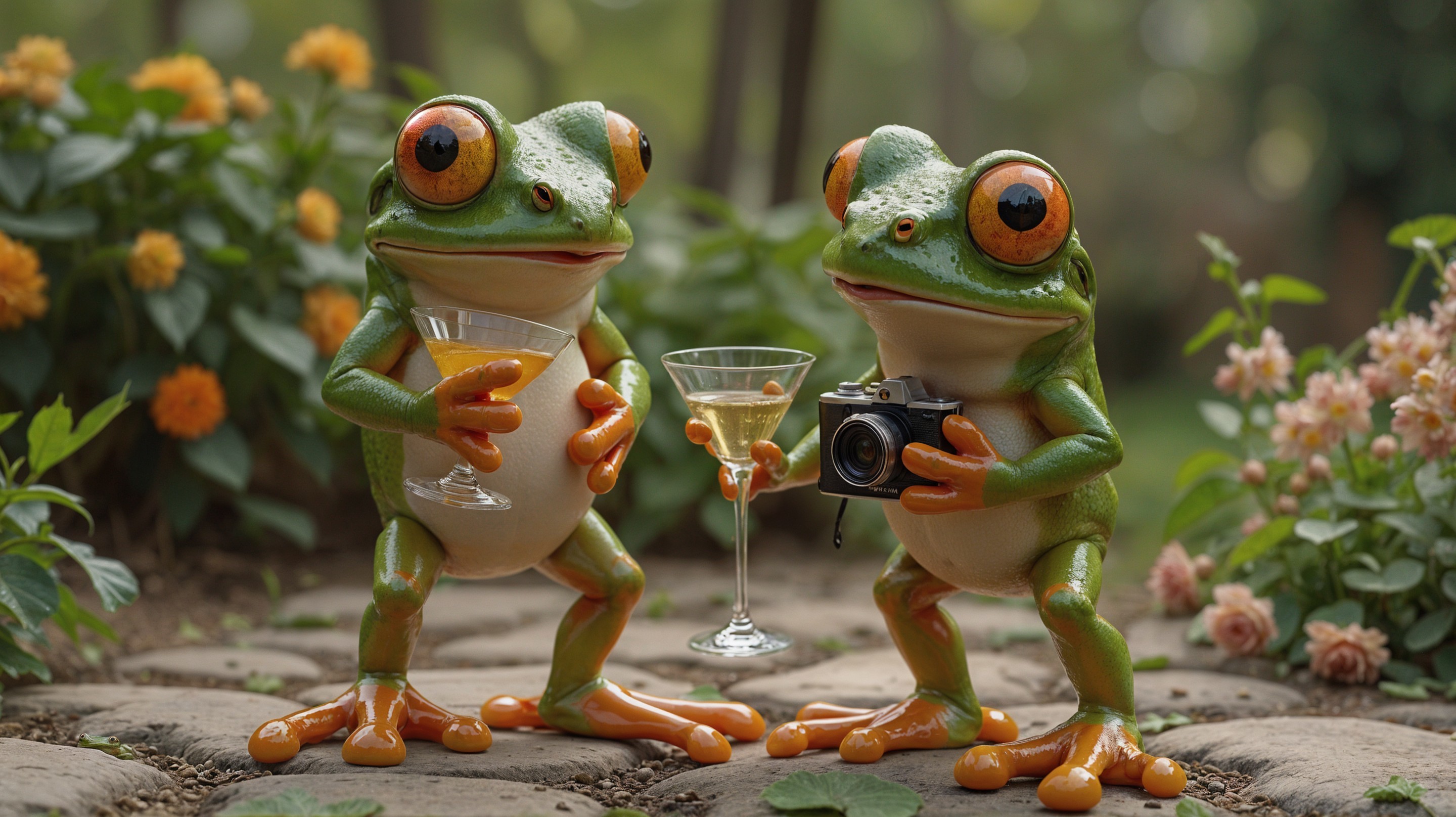 Whimsical Frogs in a Colorful Garden Setting